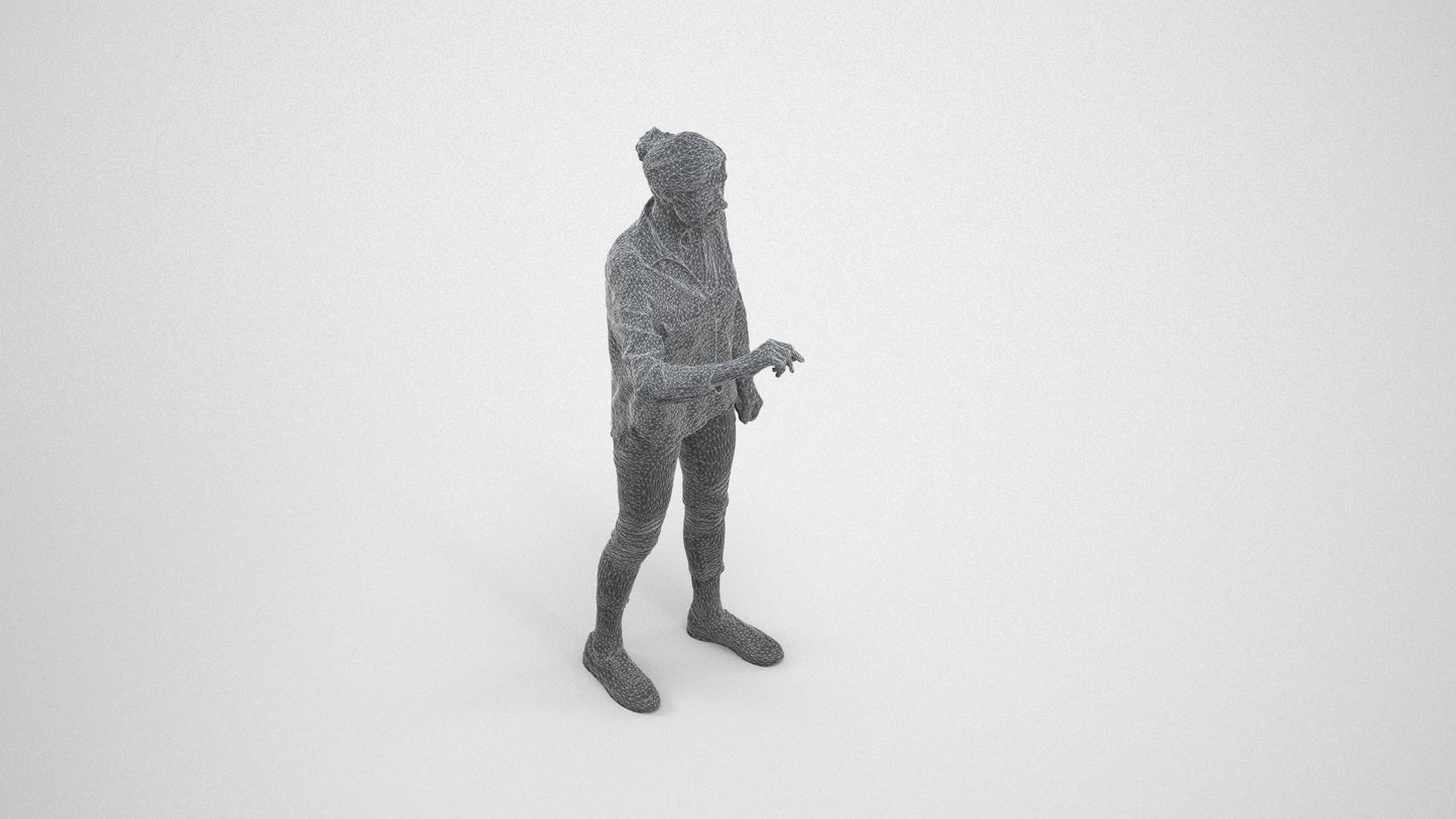 3D scanned senior woman standing casual, photorealistic archviz people for Enscape and SketchUp, wireframe three-quarter view