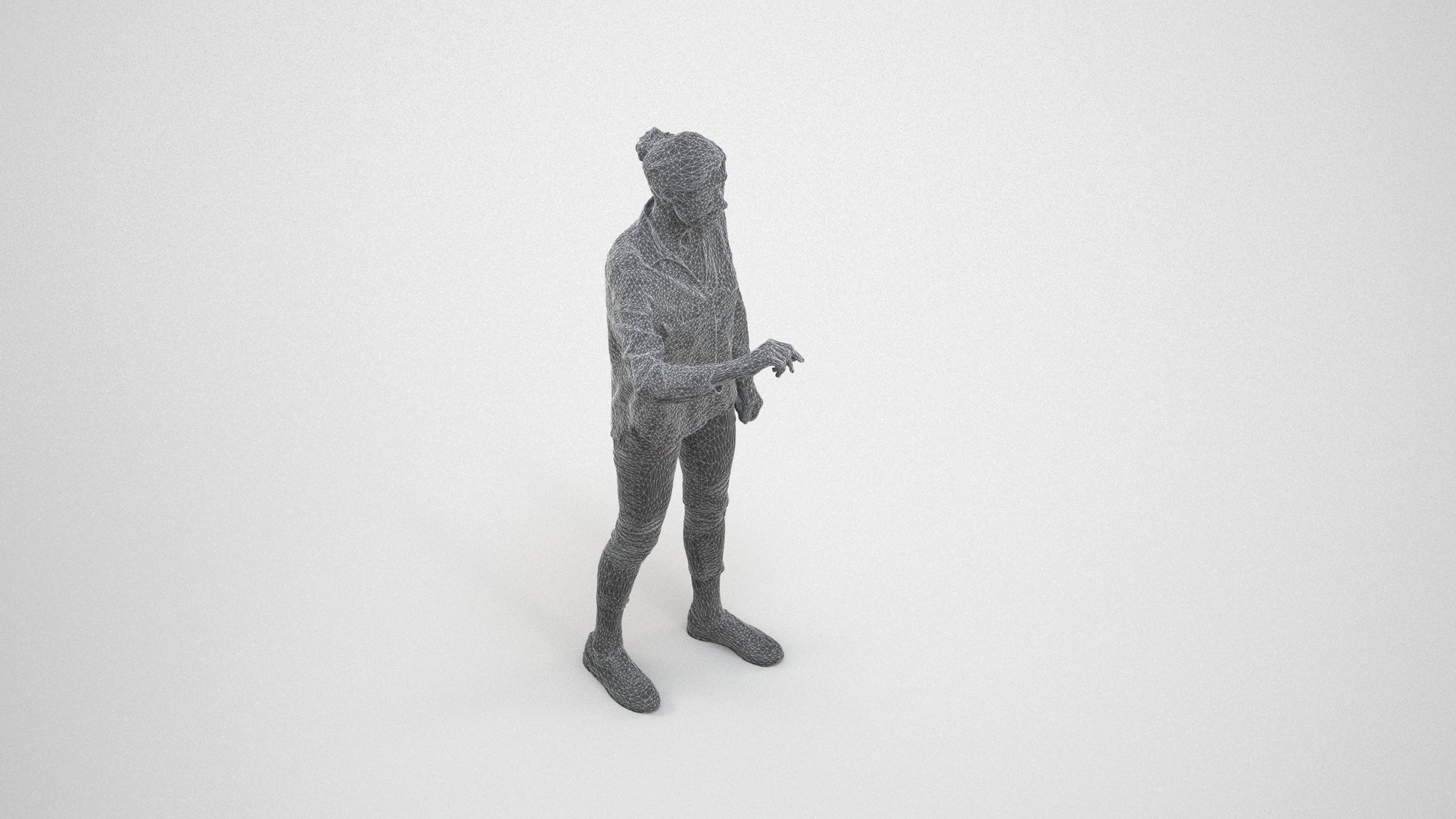 3D scanned senior woman standing casual, photorealistic archviz people for Enscape and SketchUp, wireframe three-quarter view