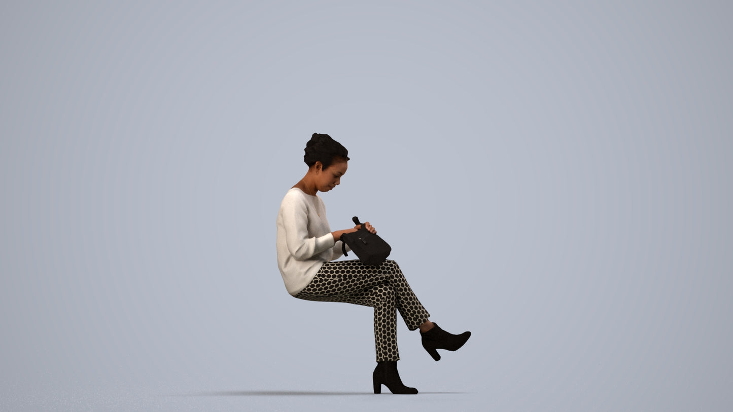 realistic 3D human woman casual sitting, archviz people FBX OBJ for Blender, side view render