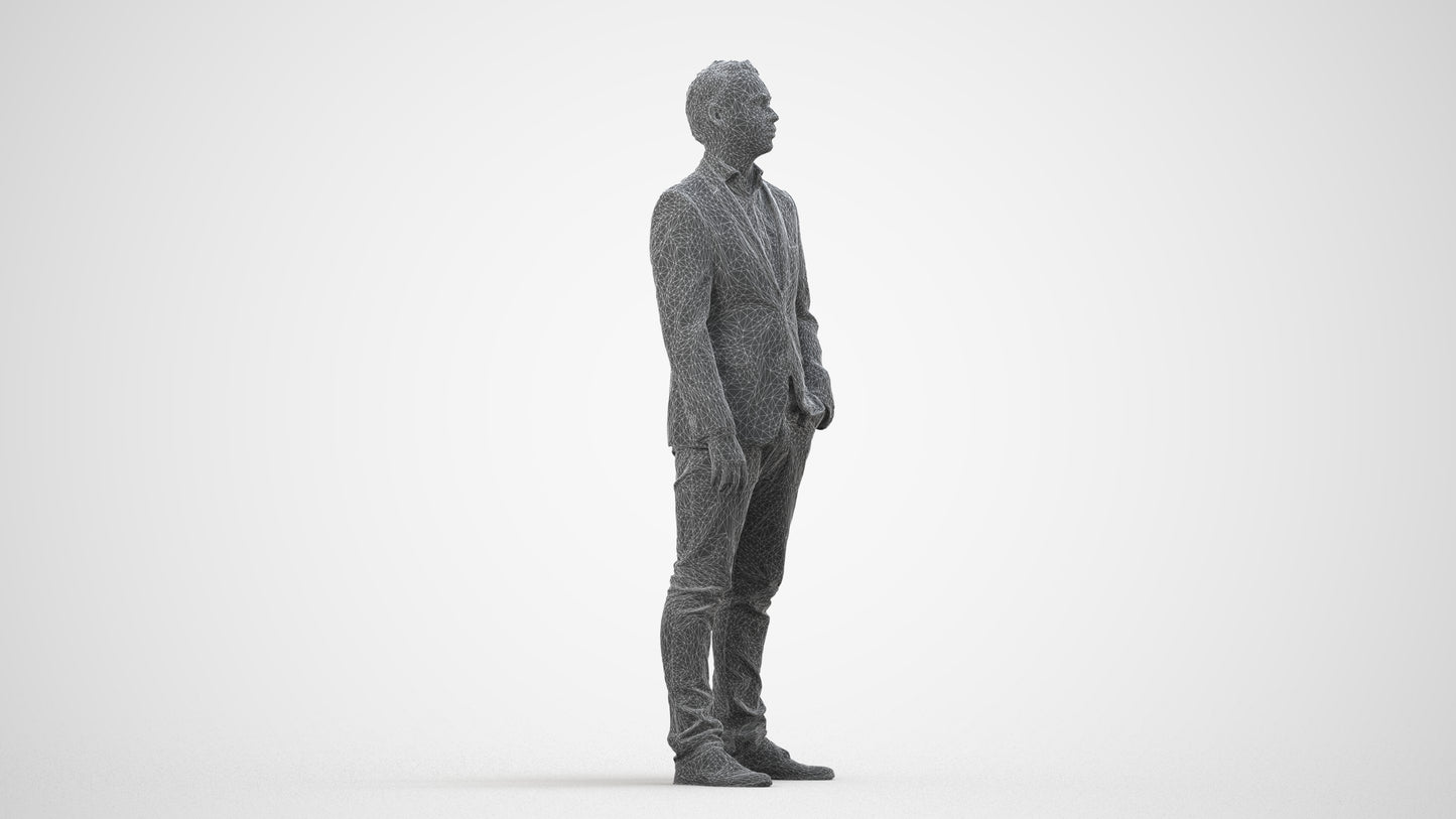 3D people model man business, scanned human for 3ds Max rendering, wireframe side view