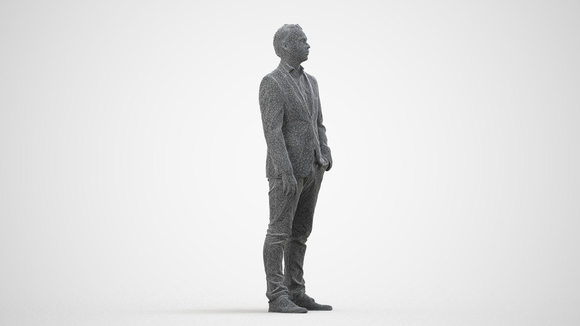 3D people model man business, scanned human for 3ds Max rendering, wireframe side view