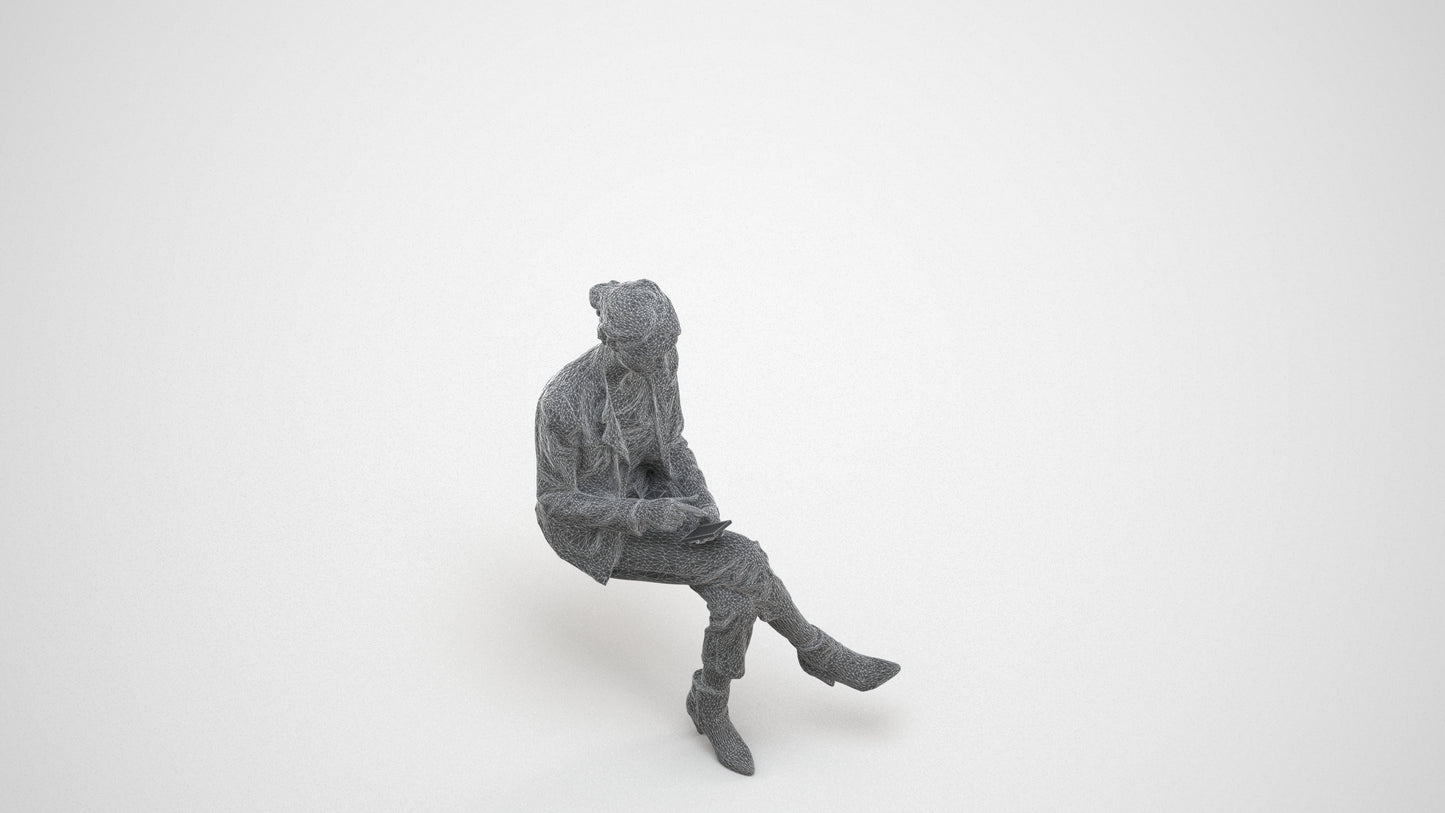 realistic 3D human woman business sitting, archviz people FBX OBJ for Blender, wireframe three-quarter view