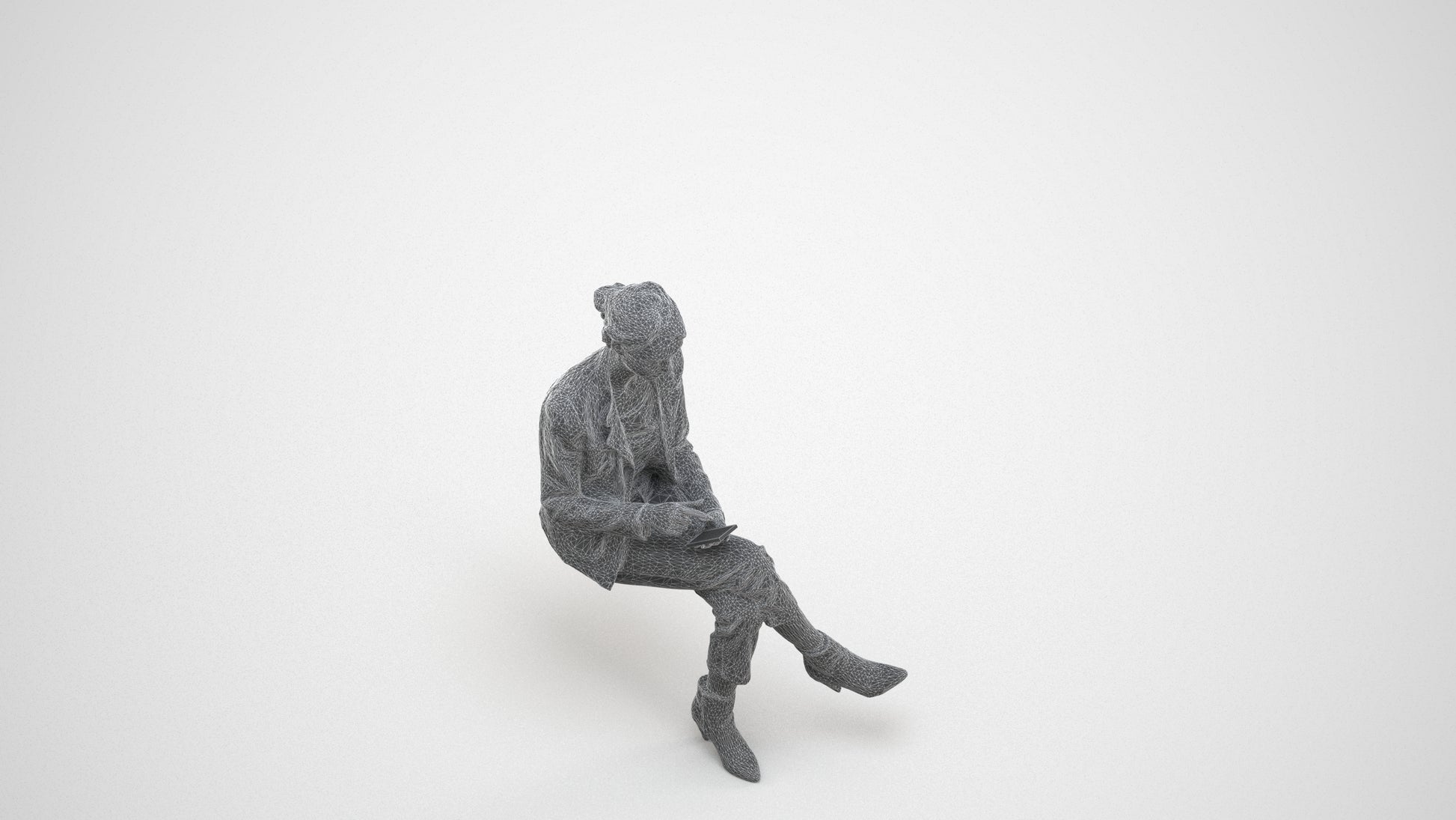 realistic 3D human woman business sitting, archviz people FBX OBJ for Blender, wireframe three-quarter view