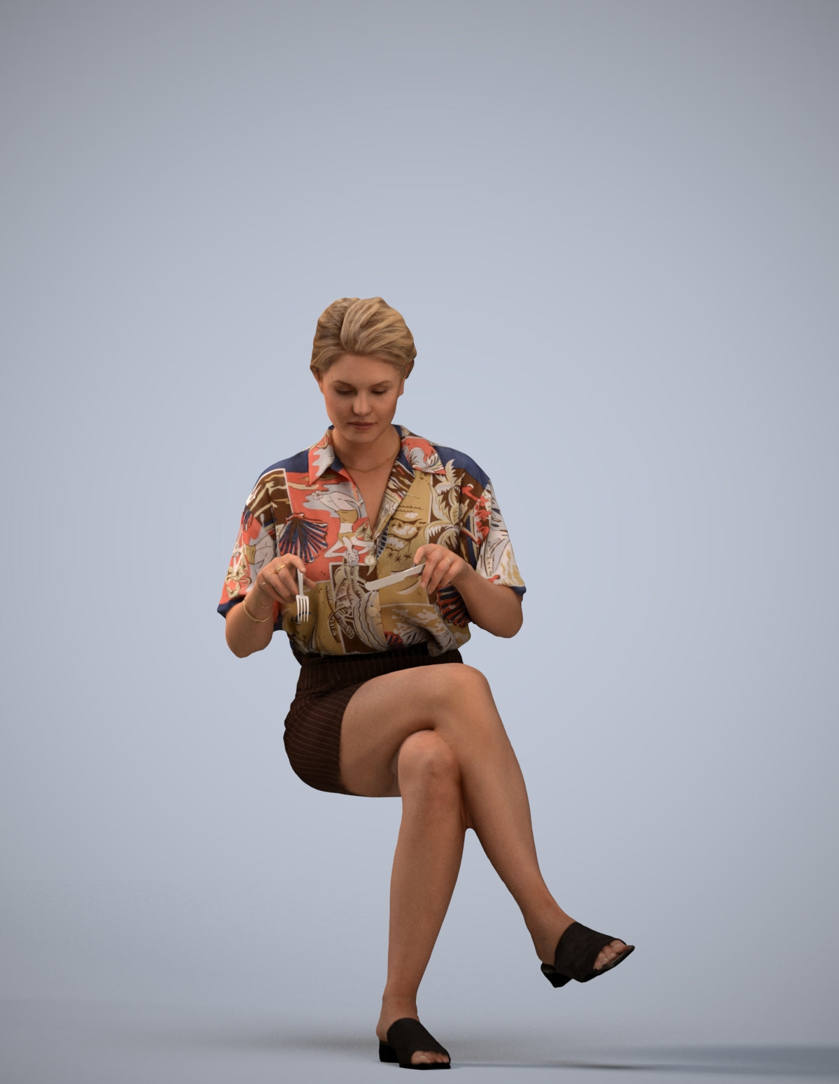 photogrammetry 3D woman casual sitting, realistic human model archviz FBX