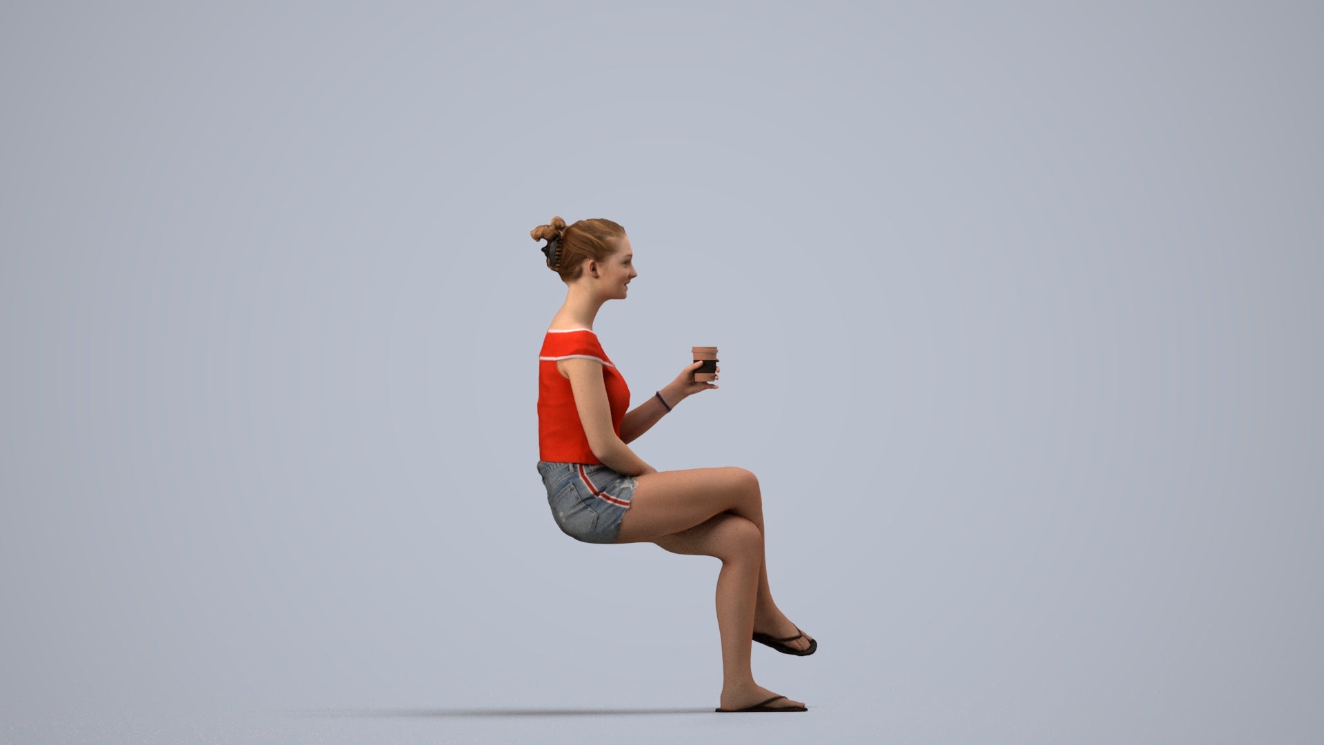 realistic 3D human girl casual sitting, archviz people FBX OBJ for Blender, side view render