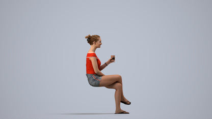realistic 3D human girl casual sitting, archviz people FBX OBJ for Blender, side view render