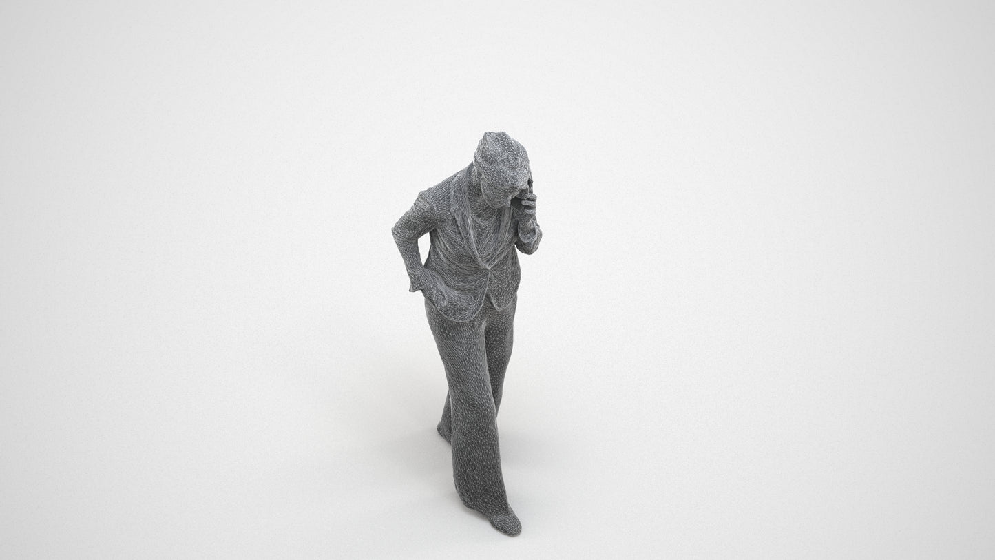 3D human model woman business, photogrammetry scanned person for archviz, wireframe three-quarter view