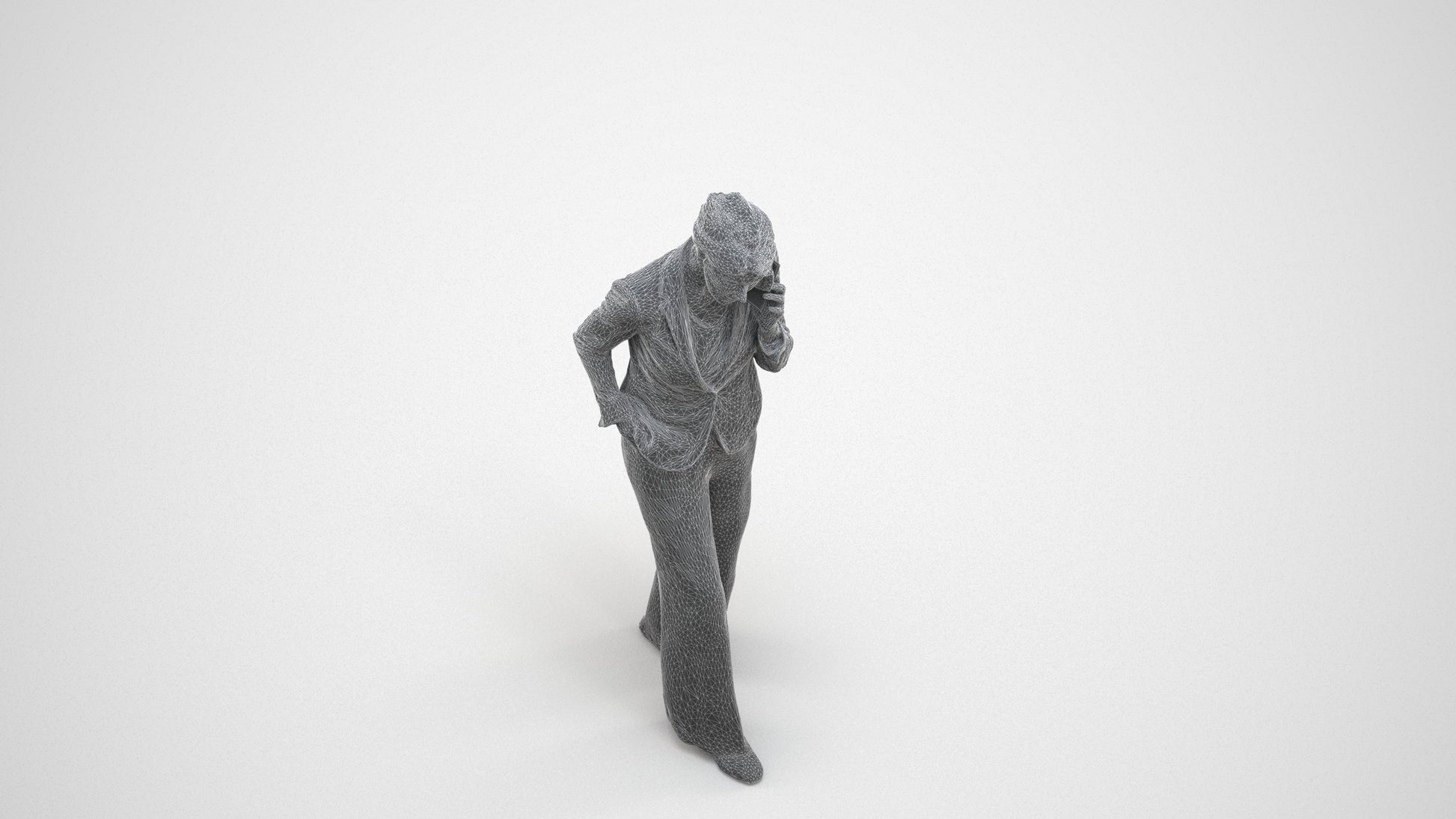3D human model woman business, photogrammetry scanned person for archviz, wireframe three-quarter view