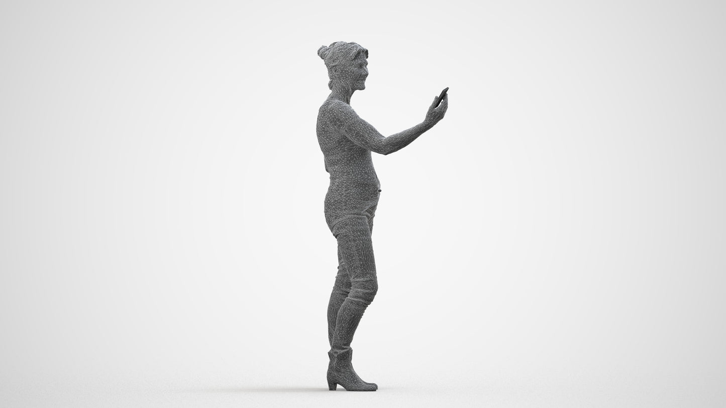 realistic 3D people senior woman casual standing, render-ready for V-Ray and Corona, FBX OBJ, wireframe side view