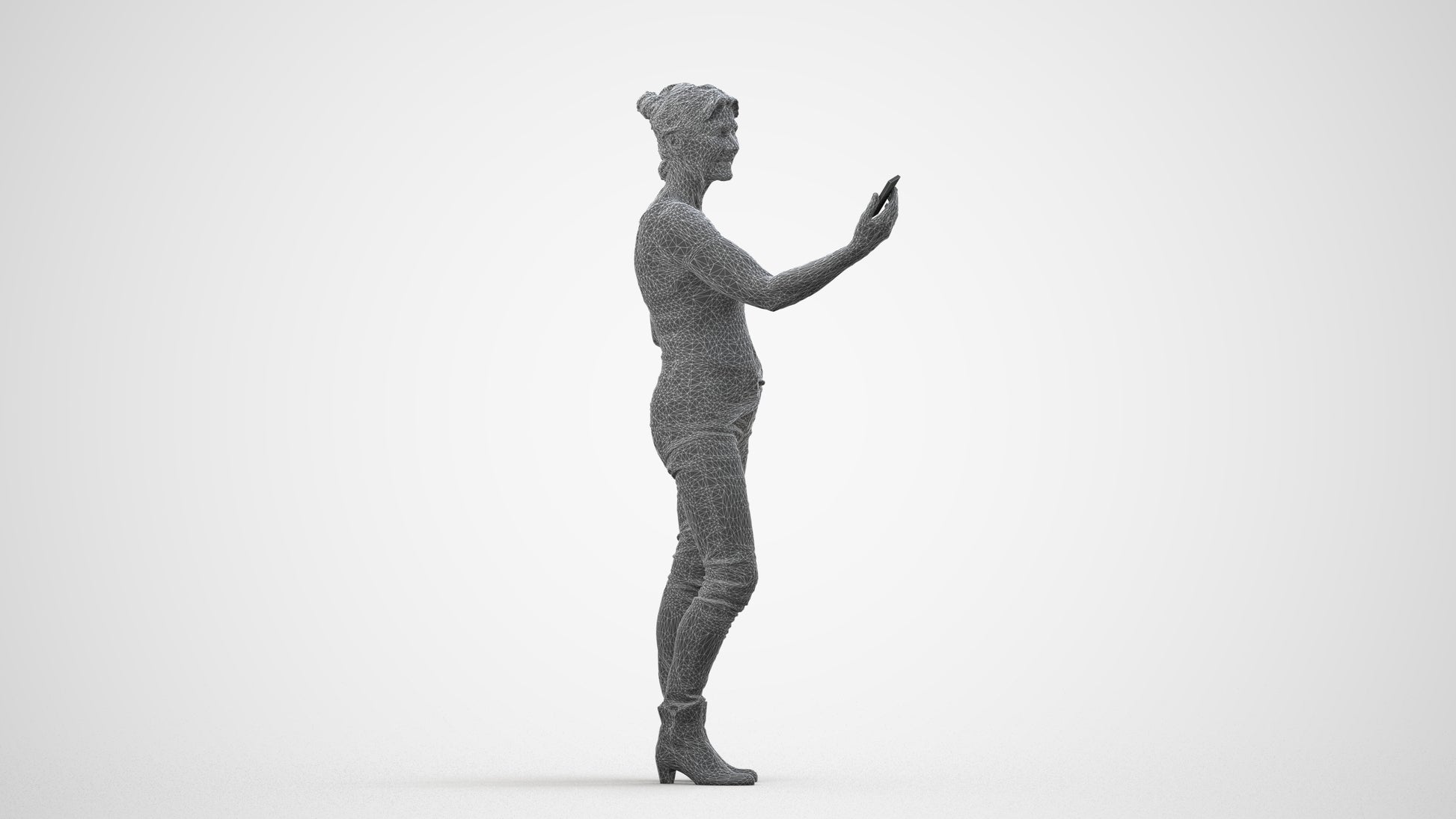 realistic 3D people senior woman casual standing, render-ready for V-Ray and Corona, FBX OBJ, wireframe side view