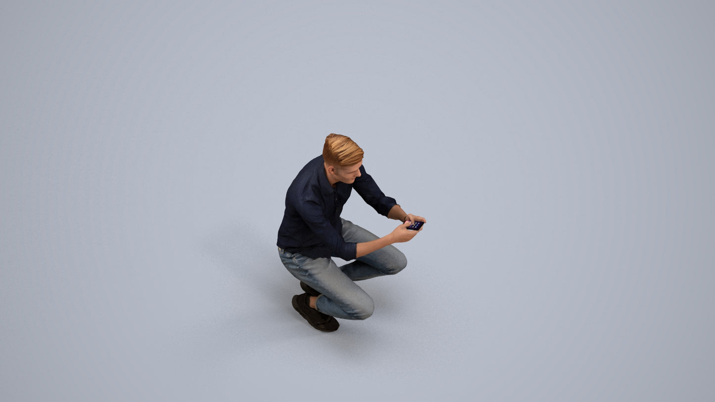 realistic 3D man casual sitting, scanned archviz people for Blender and 3ds Max, back view render
