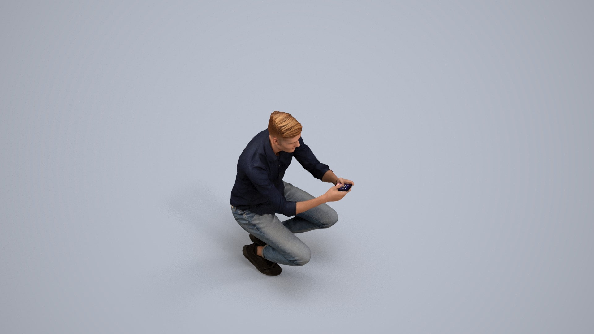 realistic 3D man casual sitting, scanned archviz people for Blender and 3ds Max, back view render