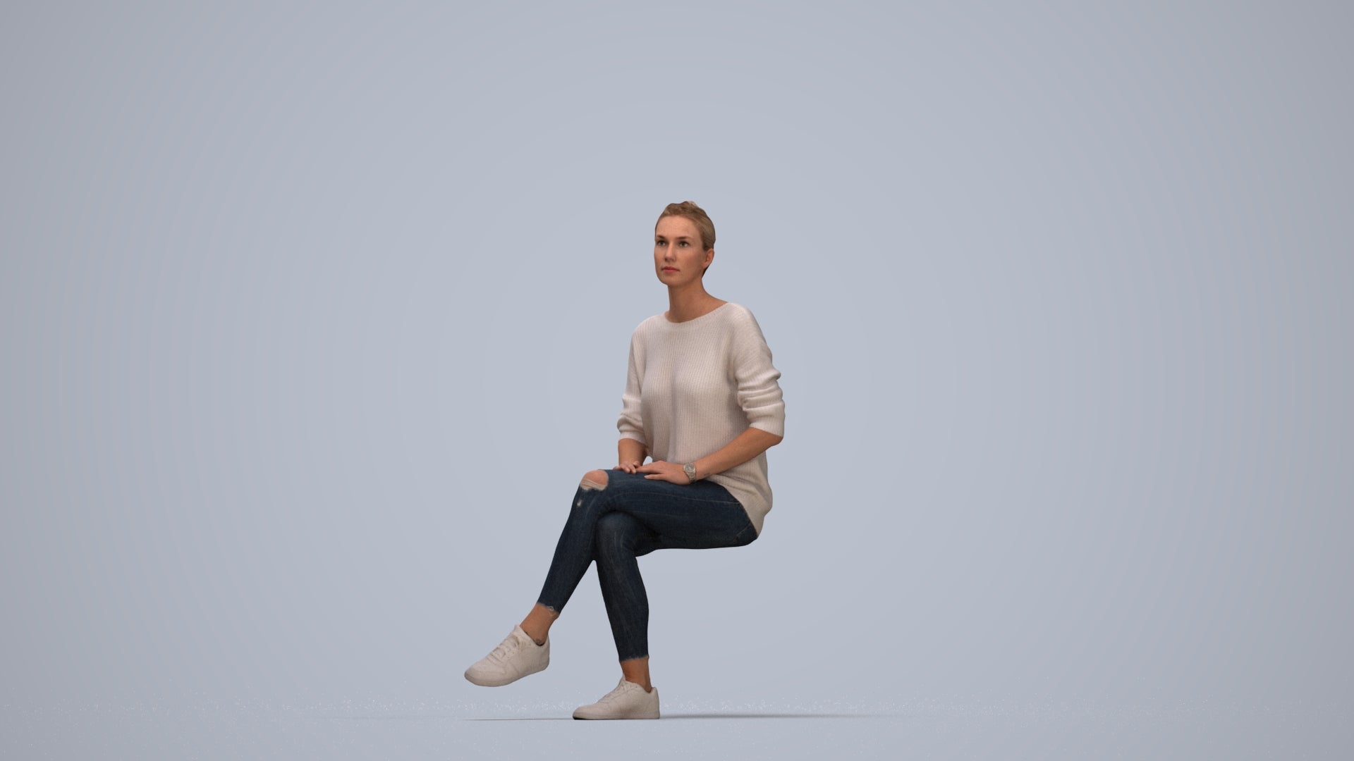 realistic 3D people woman casual sitting, render-ready for V-Ray and Corona, FBX OBJ, top-down view render