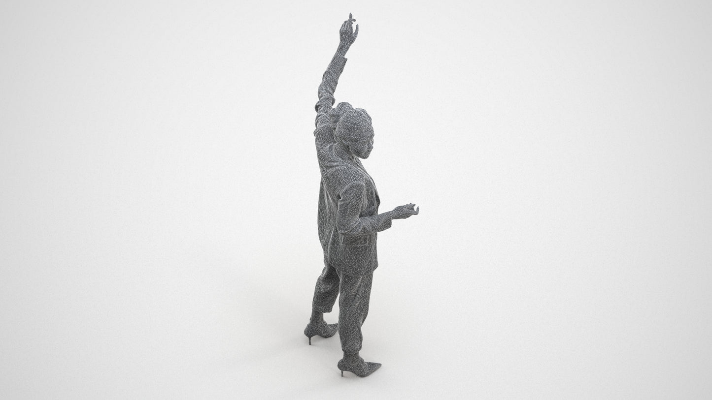 3D human model woman business, photogrammetry scanned person for archviz, wireframe three-quarter view