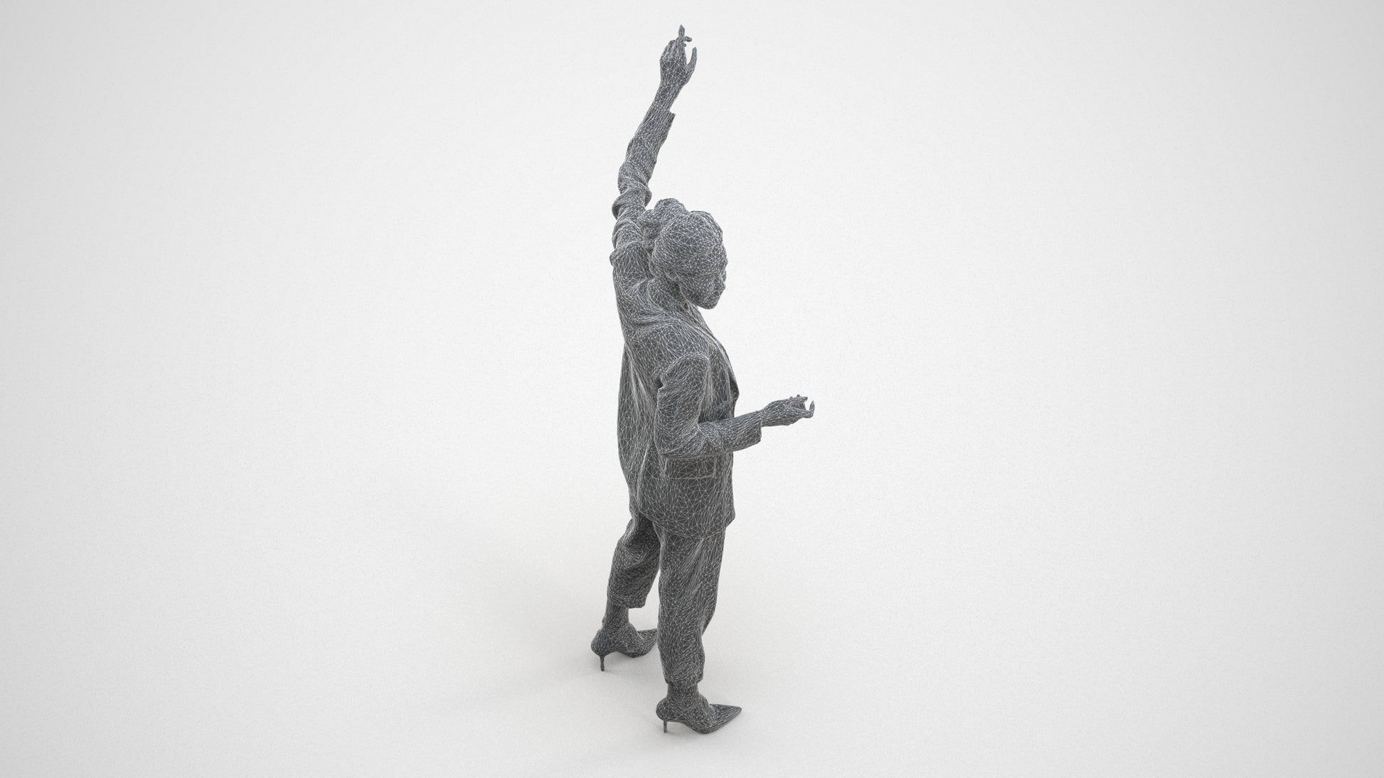 3D human model woman business, photogrammetry scanned person for archviz, wireframe three-quarter view