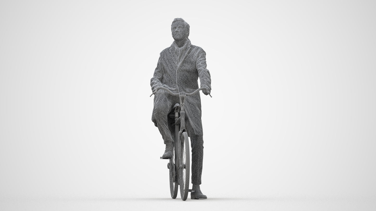 3D scanned man cycling business, photorealistic archviz people for Enscape and SketchUp, wireframe back view