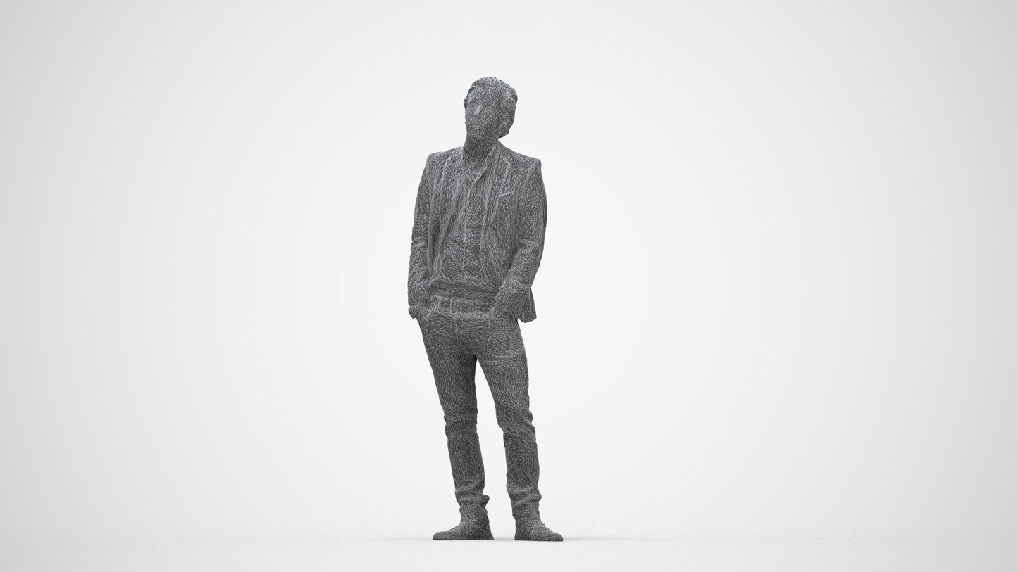 3D human model man business standing, photogrammetry scanned person for archviz, wireframe back view