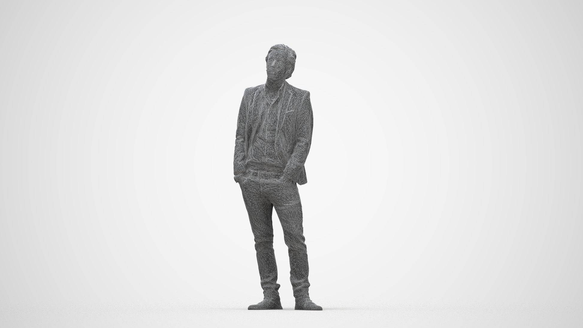 3D human model man business standing, photogrammetry scanned person for archviz, wireframe back view