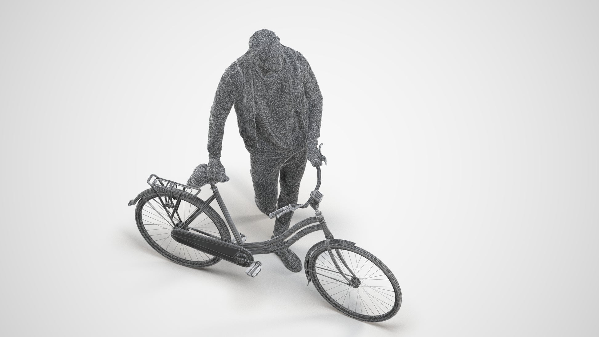 scanned 3D man casual cycling, photogrammetry people for Enscape and V-Ray, wireframe three-quarter view