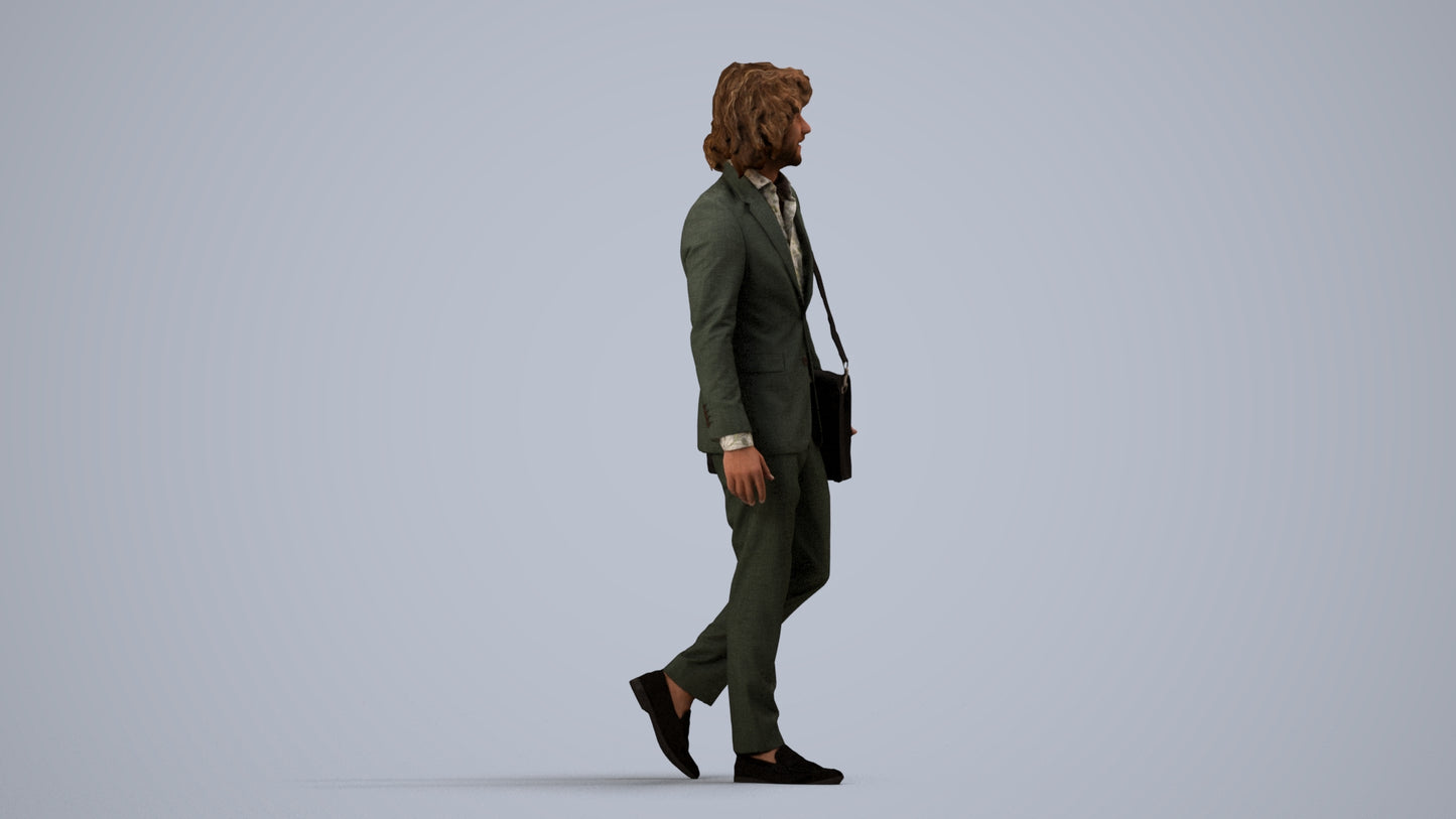 realistic 3D man business walking, scanned archviz people for Blender and 3ds Max, side view render