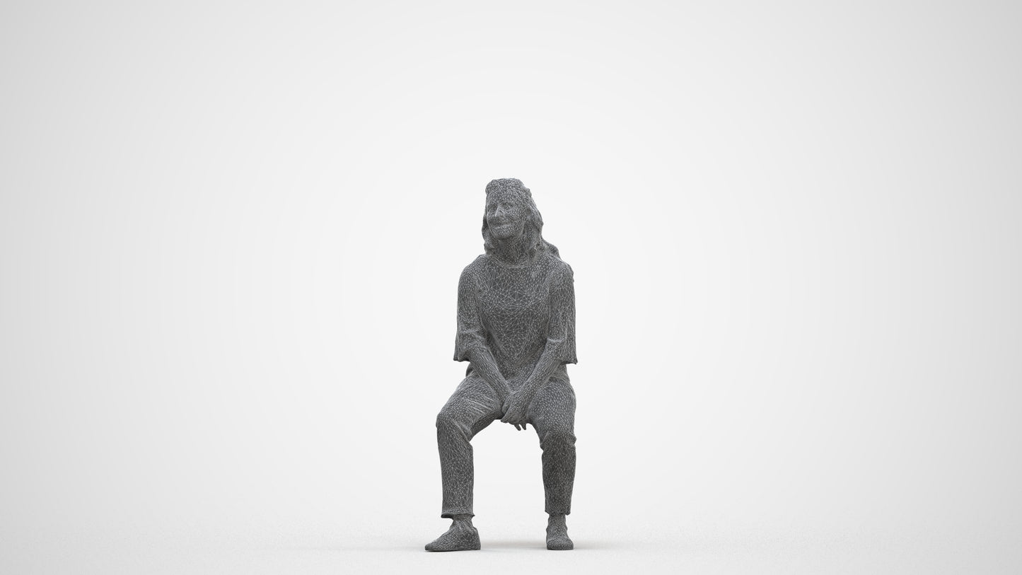 3D people model woman casual sitting, scanned human for 3ds Max rendering, three-quarter front view render