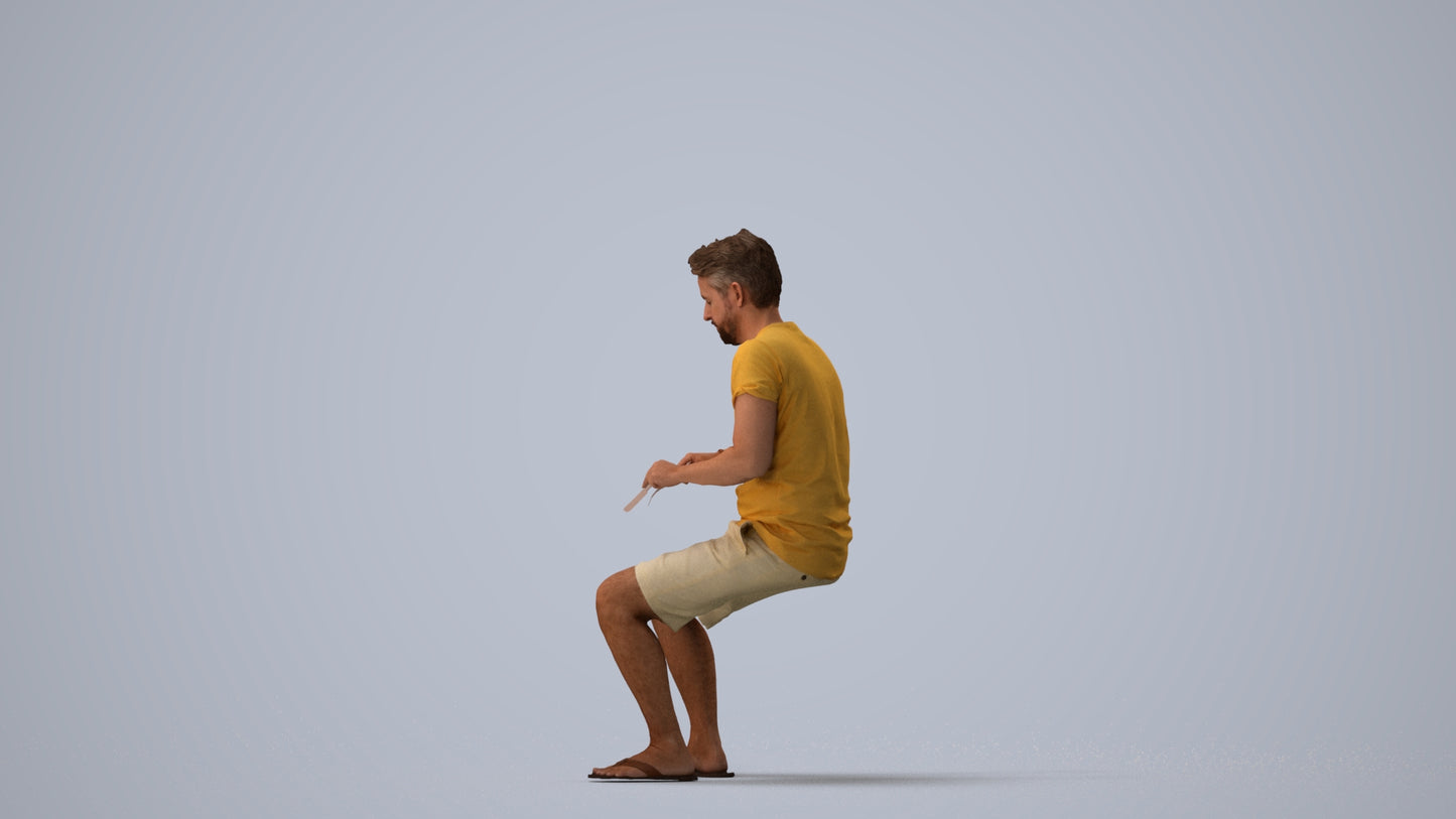 realistic 3D people man casual sitting, render-ready for V-Ray and Corona, FBX OBJ, three-quarter view render