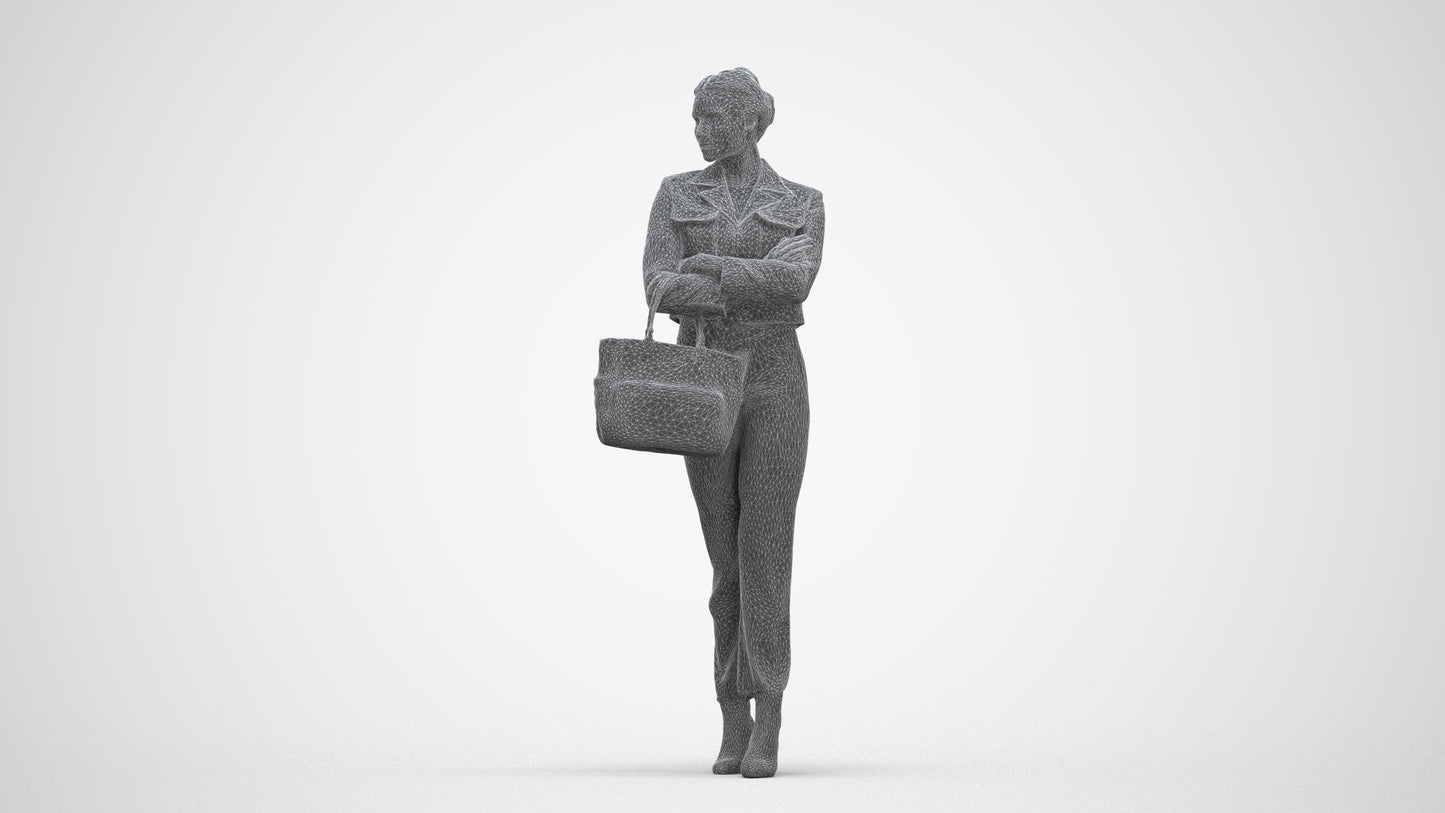 3D human model woman business standing, photogrammetry scanned person for archviz, three-quarter front view render
