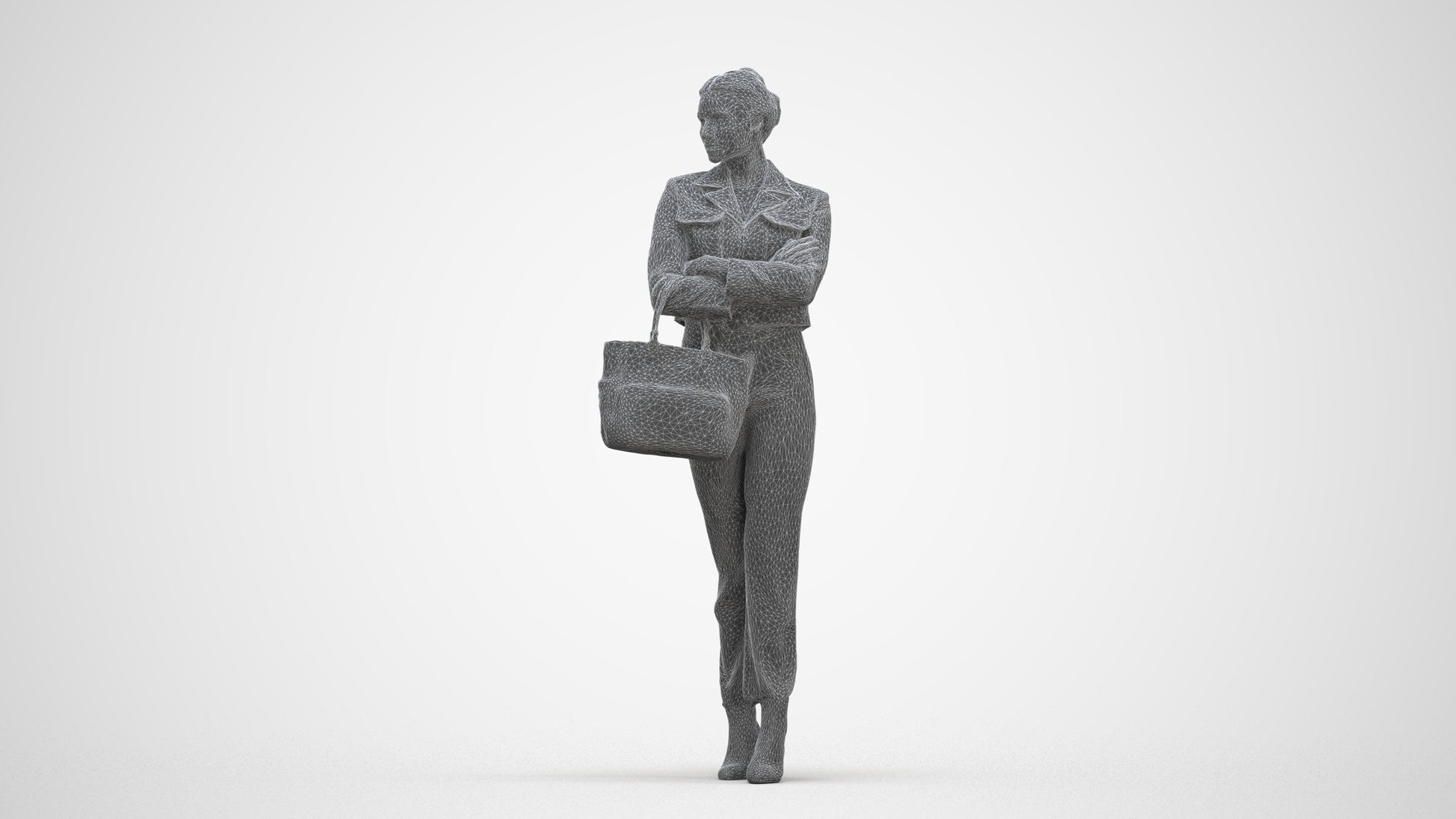 3D human model woman business standing, photogrammetry scanned person for archviz, three-quarter front view render