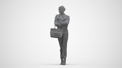 3D human model woman business standing, photogrammetry scanned person for archviz, three-quarter front view render