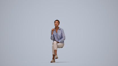 realistic 3D senior woman casual sitting, scanned archviz people for Blender and 3ds Max, top-down view render
