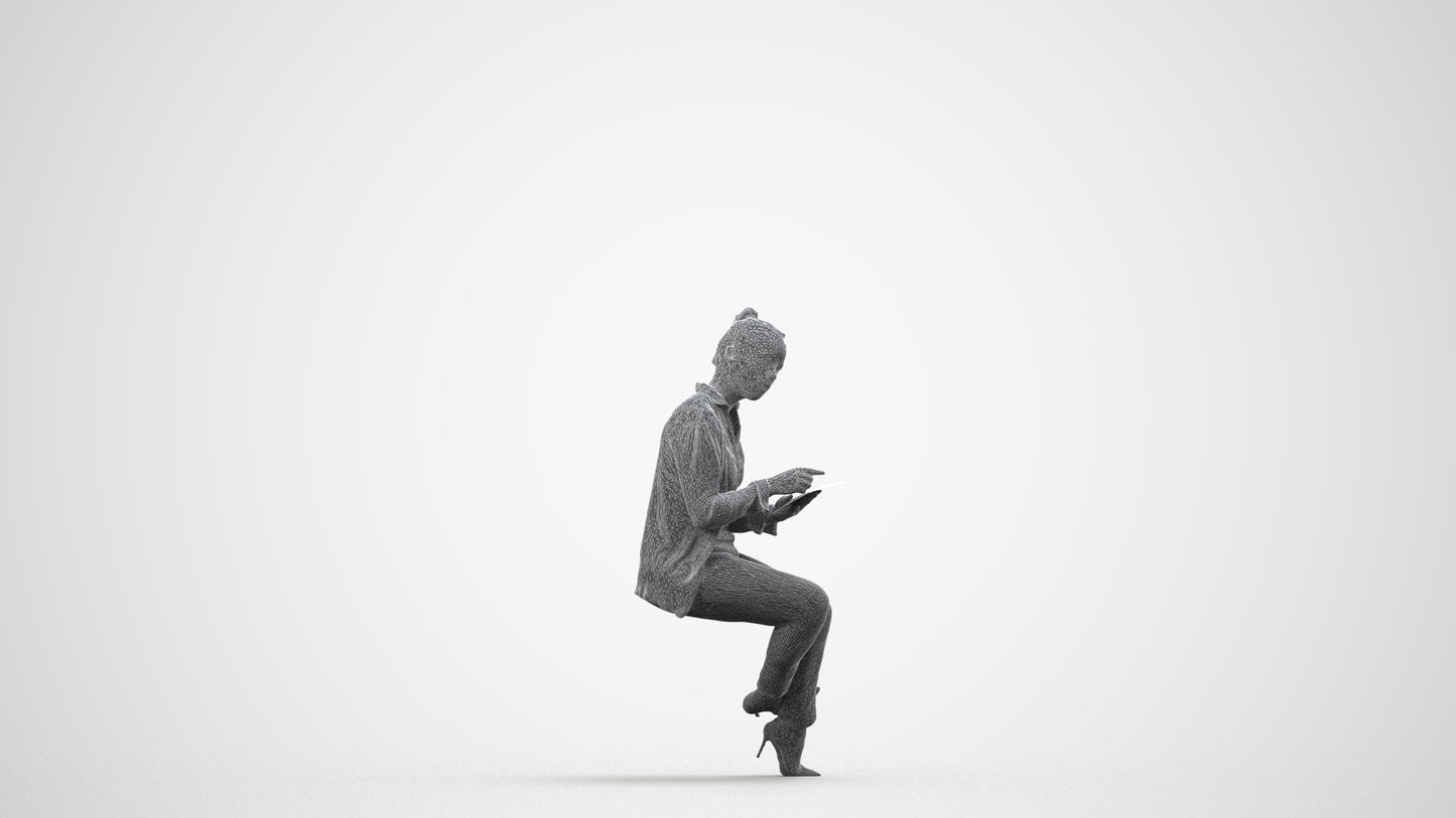realistic 3D woman business sitting, scanned archviz people for Blender and 3ds Max, wireframe side view