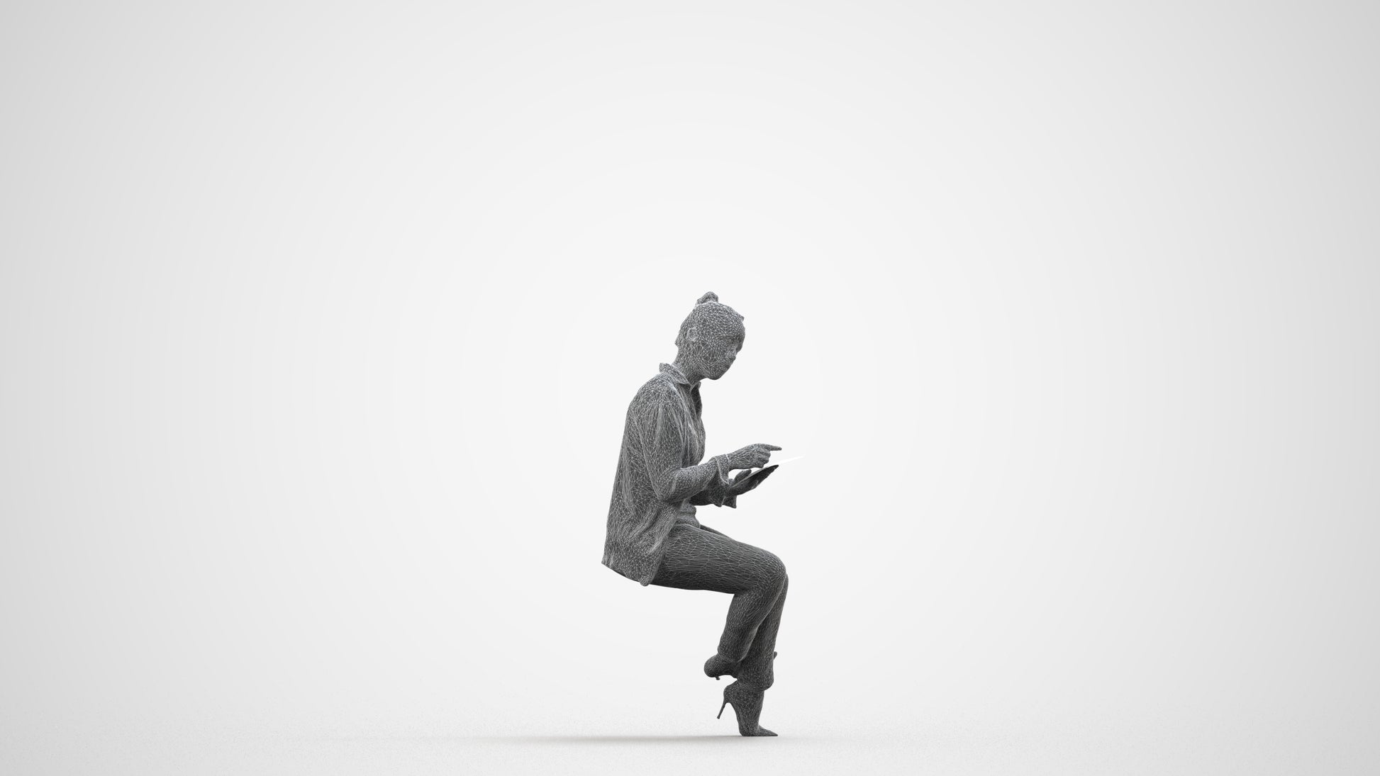 realistic 3D woman business sitting, scanned archviz people for Blender and 3ds Max, wireframe side view