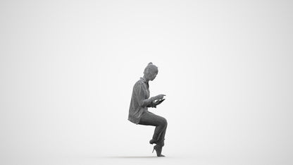 realistic 3D woman business sitting, scanned archviz people for Blender and 3ds Max, wireframe side view