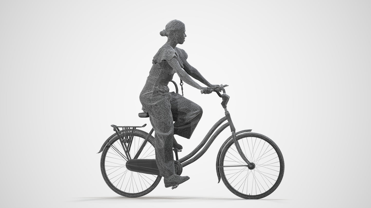 3D scanned woman cycling business, photorealistic archviz people for Enscape and SketchUp, wireframe side view