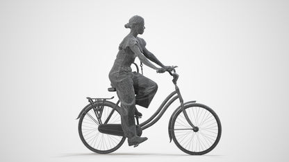 3D scanned woman cycling business, photorealistic archviz people for Enscape and SketchUp, wireframe side view