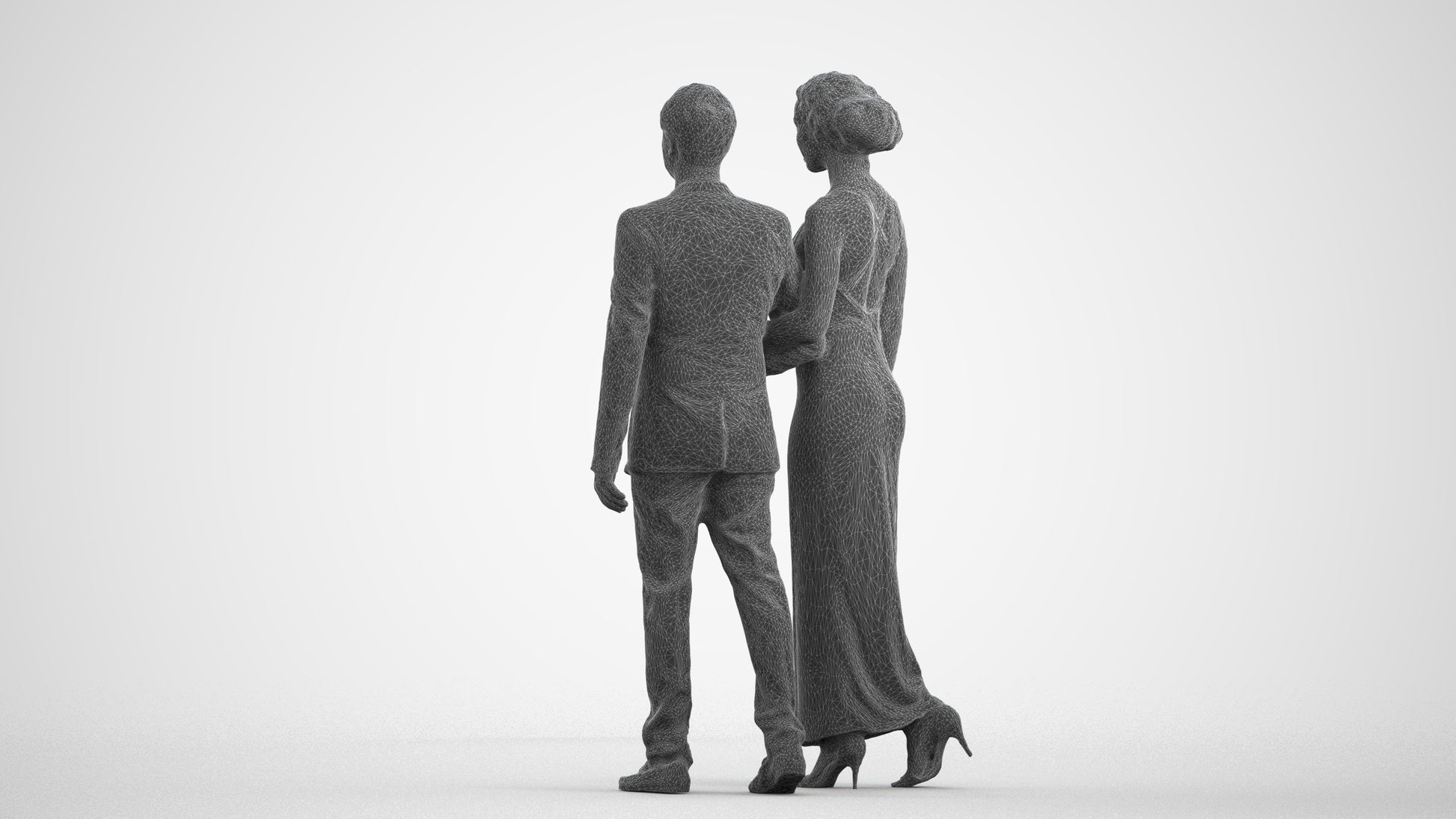 3D scanned woman couple formal, photorealistic archviz people for Enscape and SketchUp, wireframe front view