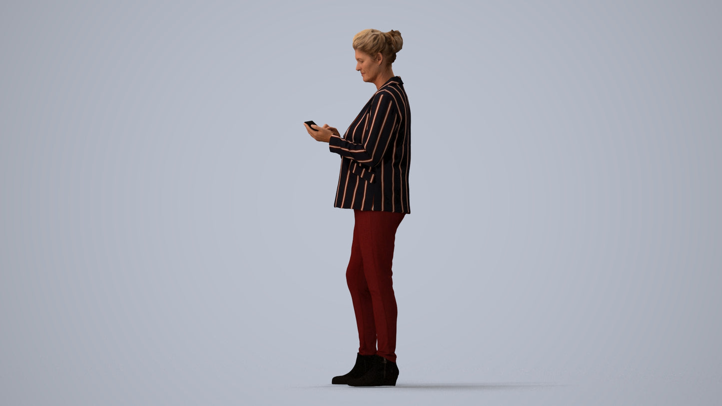 realistic 3D human woman business standing, archviz people FBX OBJ for Blender, three-quarter view render