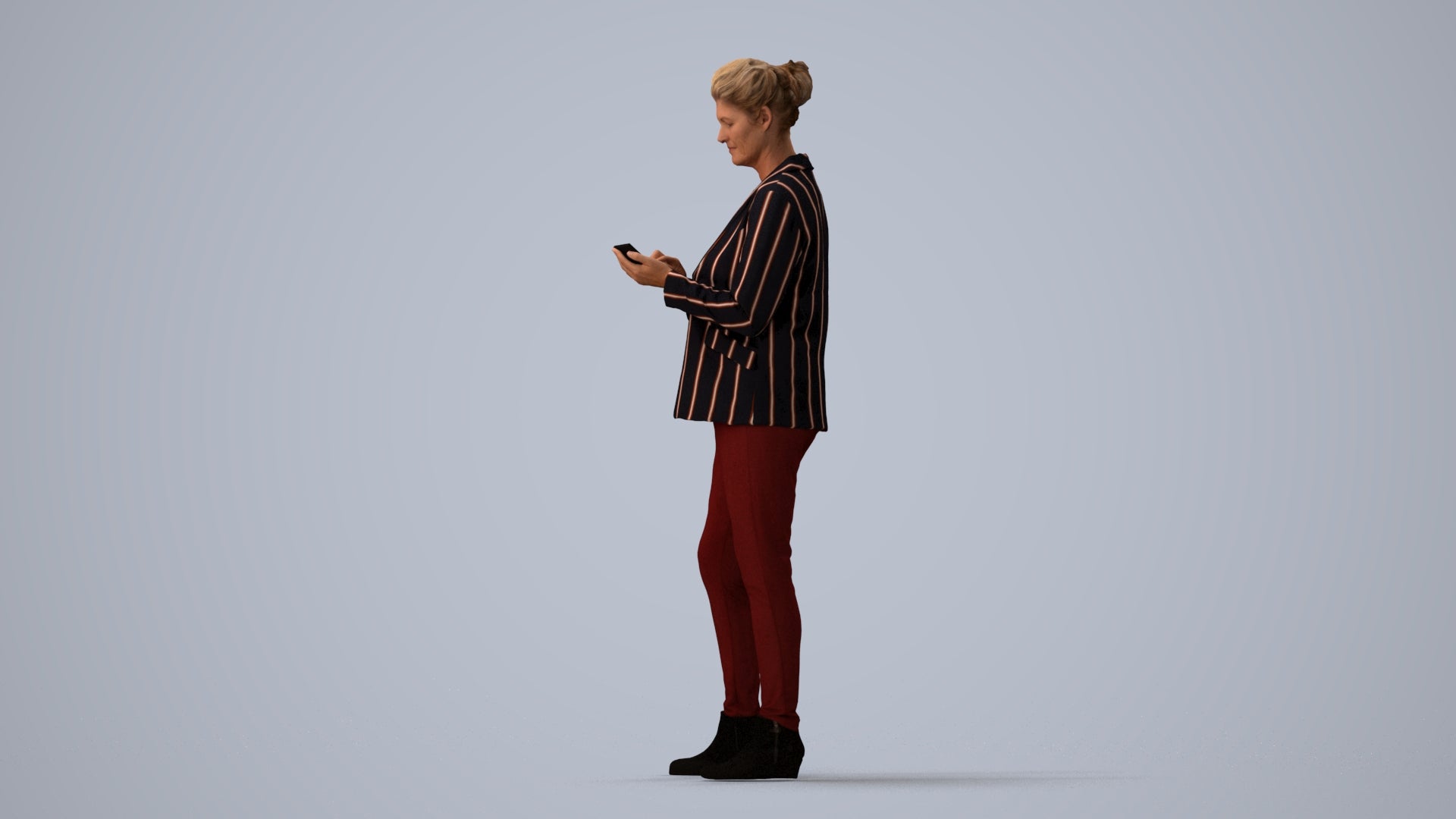 realistic 3D human woman business standing, archviz people FBX OBJ for Blender, three-quarter view render
