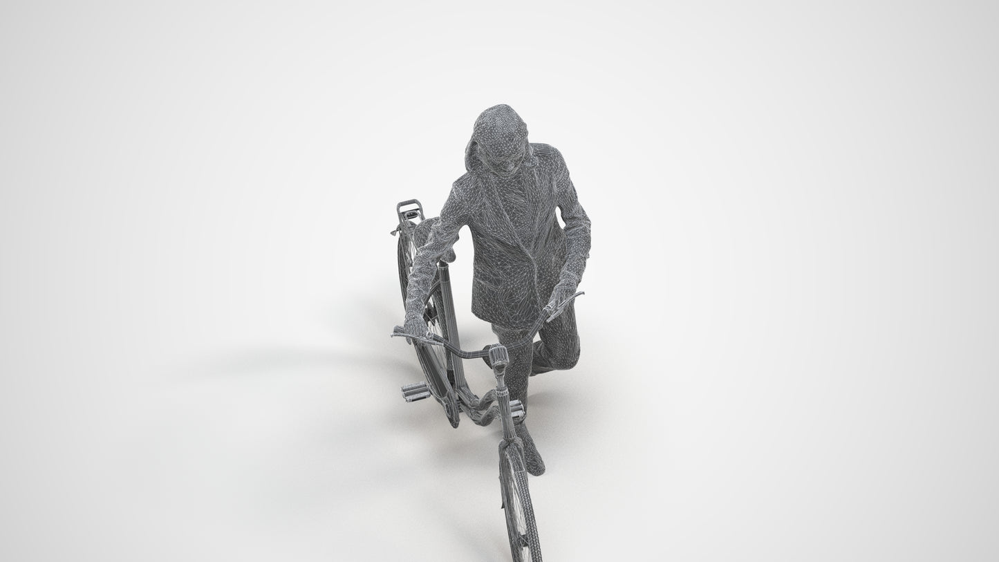 realistic 3D woman business cycling, scanned archviz people for Blender and 3ds Max, wireframe three-quarter view