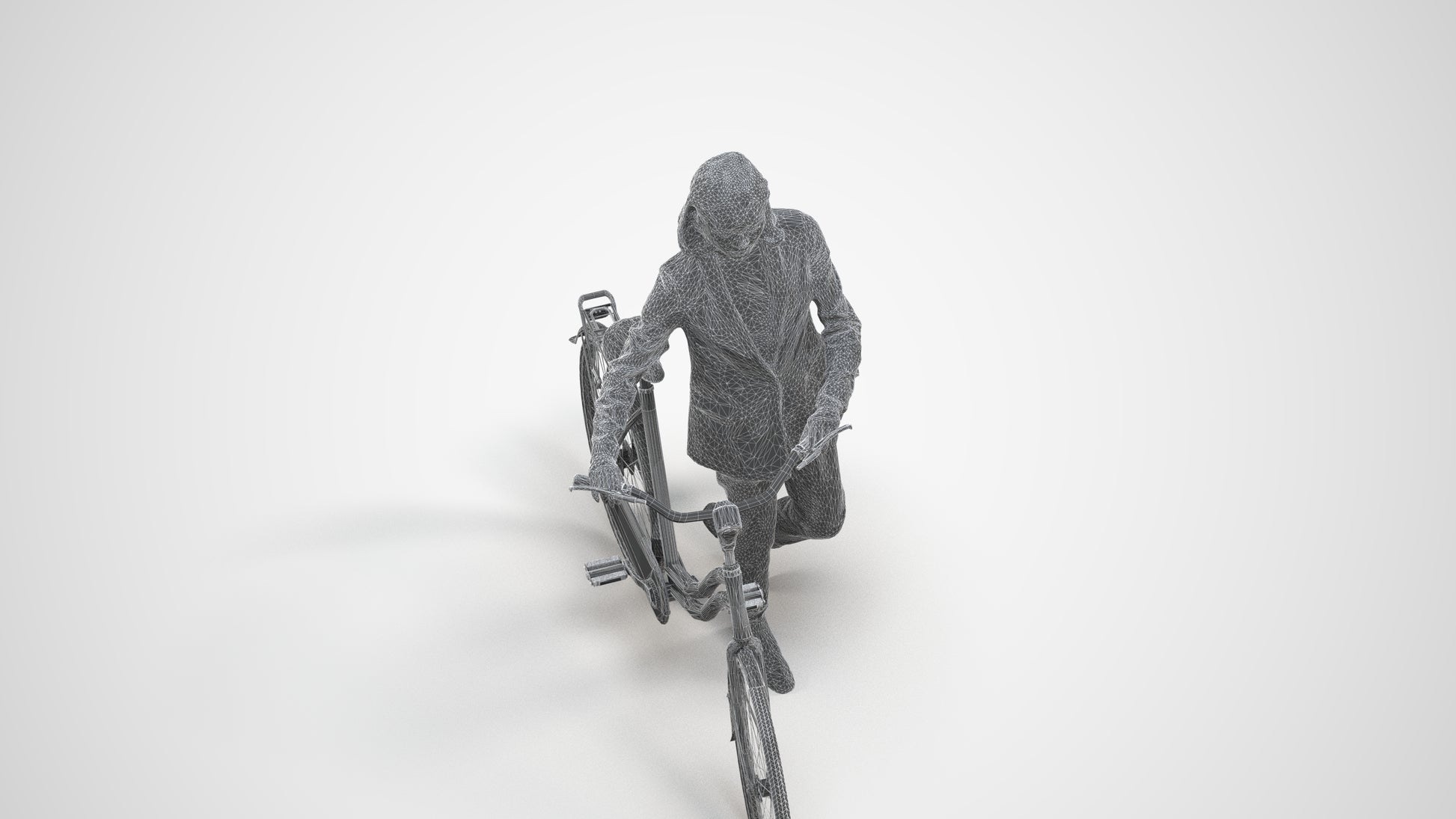 realistic 3D woman business cycling, scanned archviz people for Blender and 3ds Max, wireframe three-quarter view