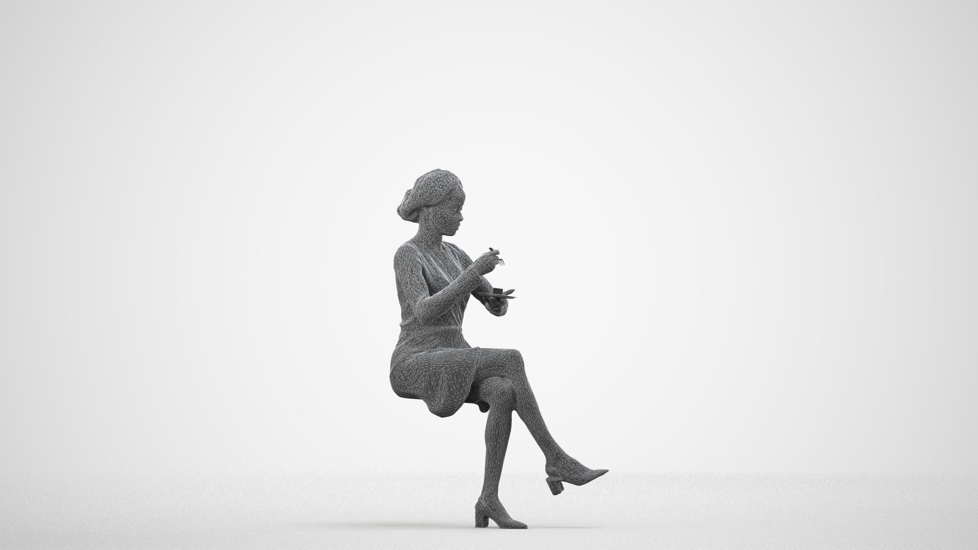 scanned 3D woman casual sitting, photogrammetry people for Enscape and V-Ray, wireframe side view