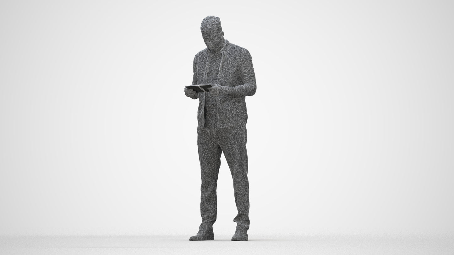 3D human model man casual standing, photogrammetry scanned person for archviz, wireframe back view