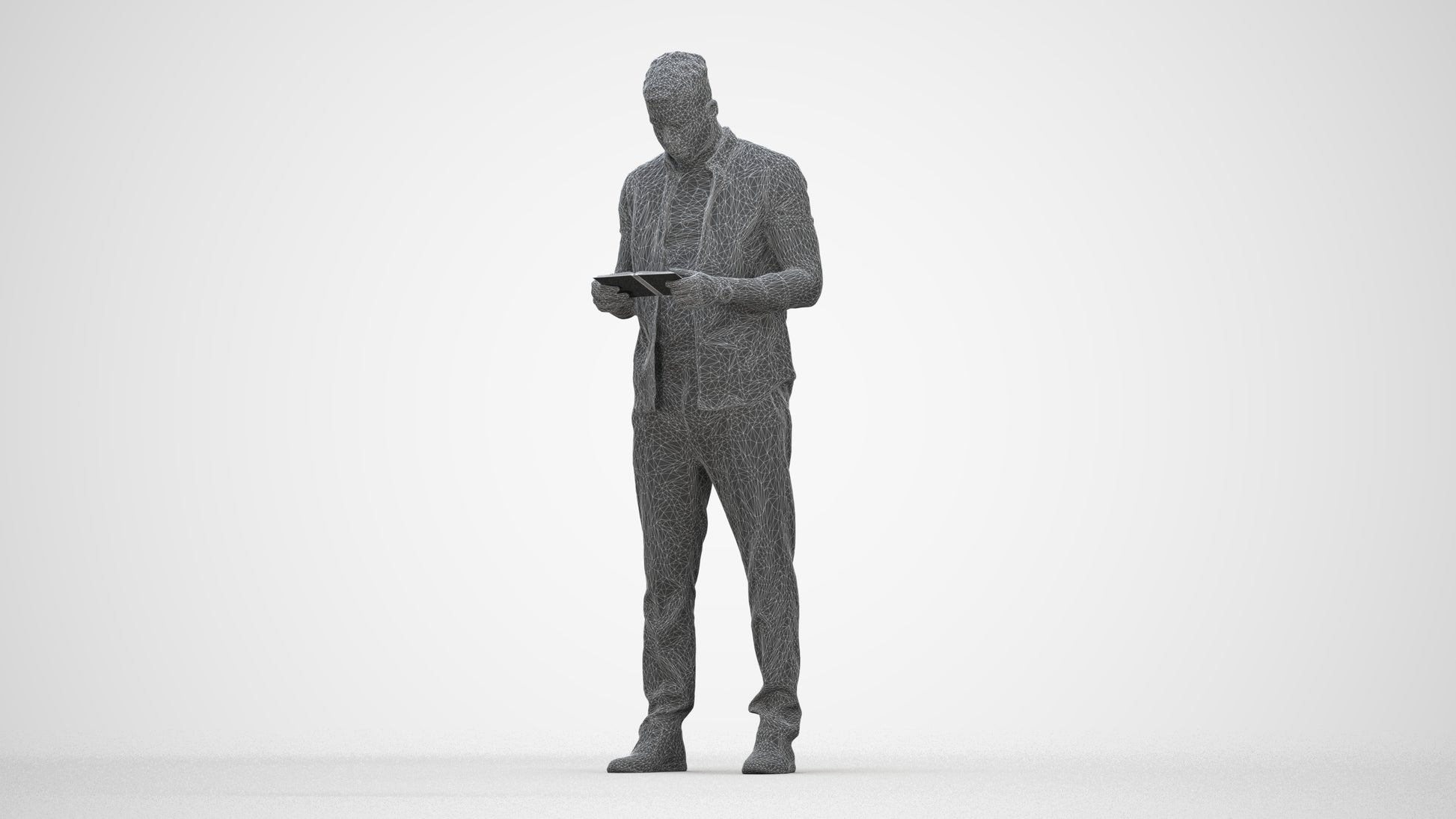 3D human model man casual standing, photogrammetry scanned person for archviz, wireframe back view