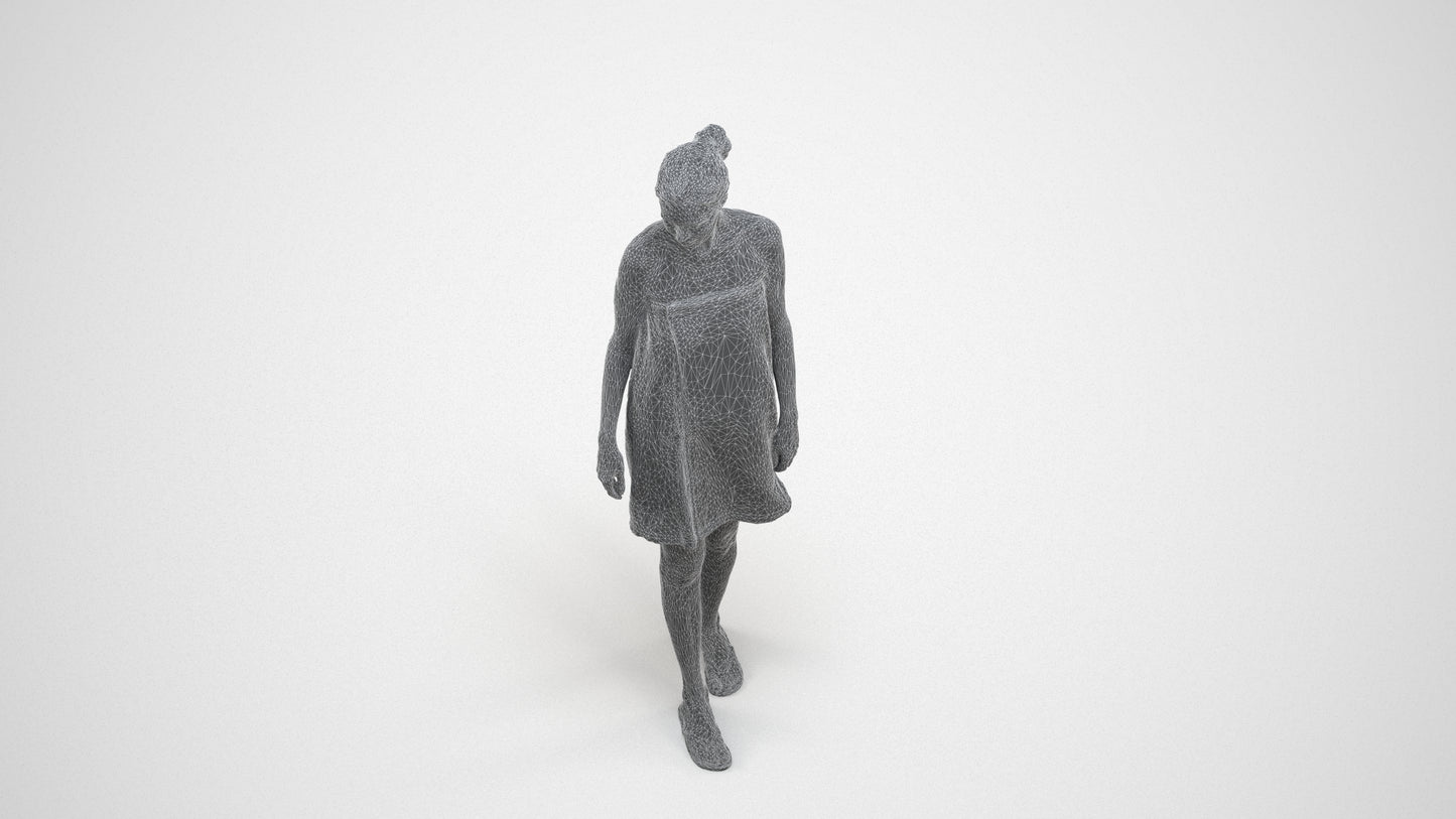 scanned 3D woman casual bathroom, photogrammetry people for Enscape and V-Ray, wireframe three-quarter view