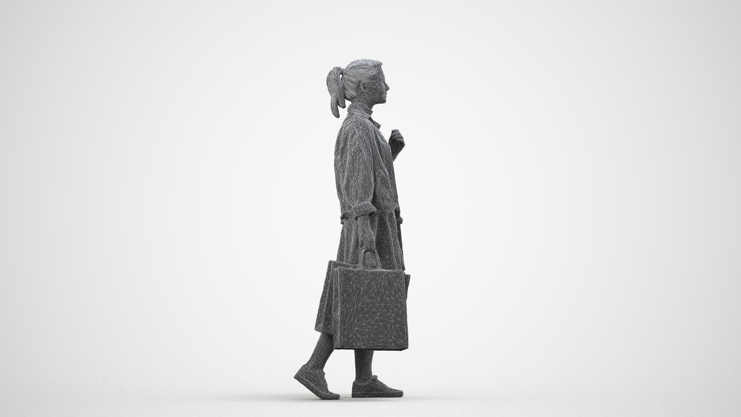 realistic 3D human woman casual walking, archviz people FBX OBJ for Blender, wireframe side view