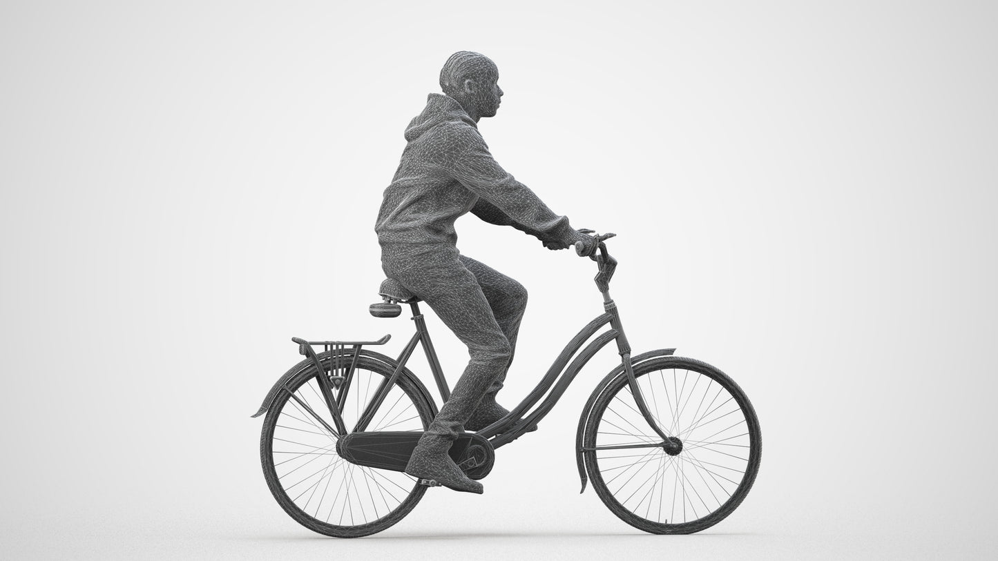 realistic 3D boy casual cycling, scanned archviz people for Blender and 3ds Max, wireframe side view
