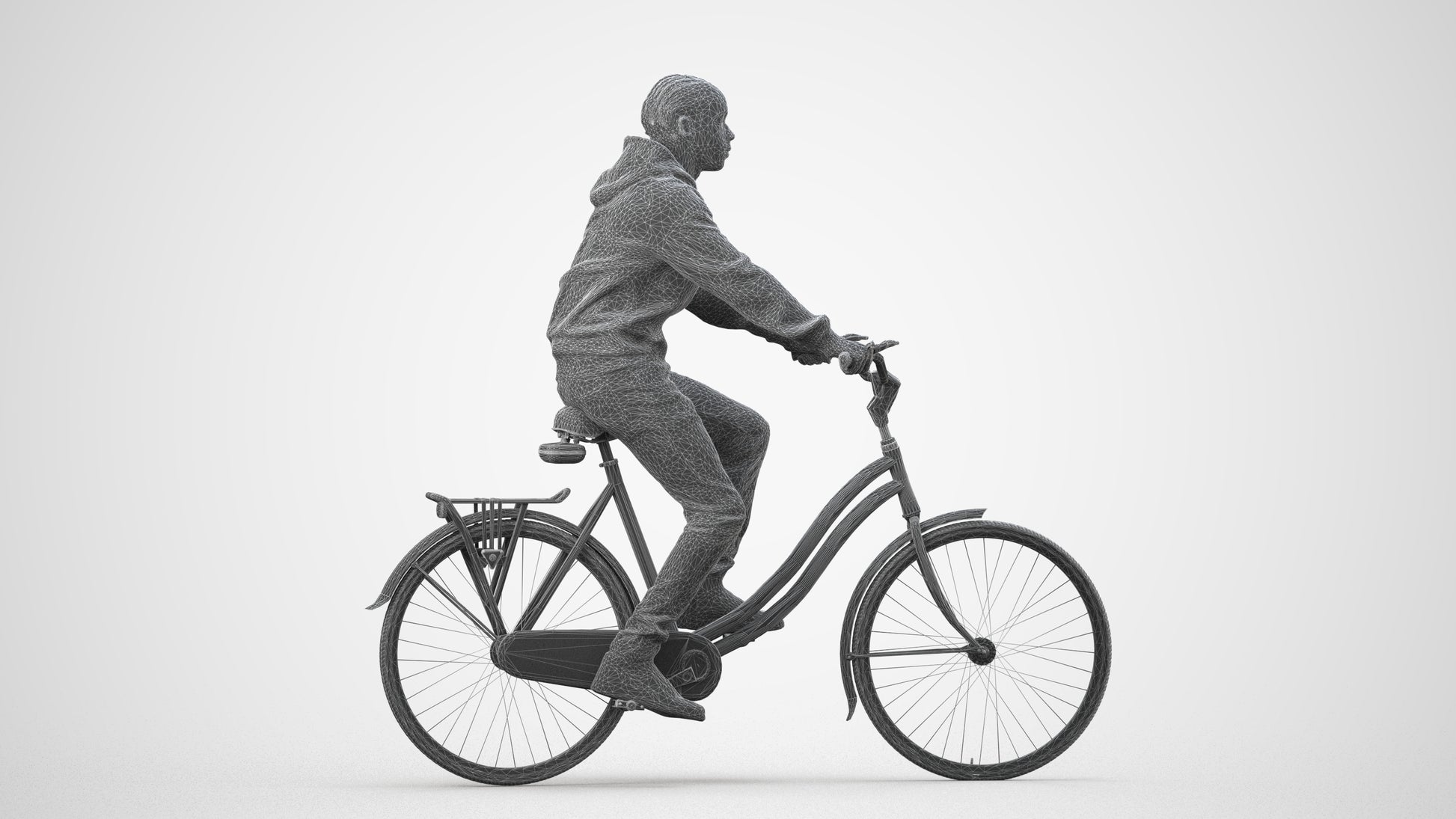 realistic 3D boy casual cycling, scanned archviz people for Blender and 3ds Max, wireframe side view