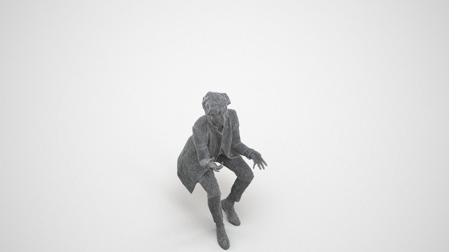 realistic 3D woman business sitting, scanned archviz people for Blender and 3ds Max, wireframe three-quarter view