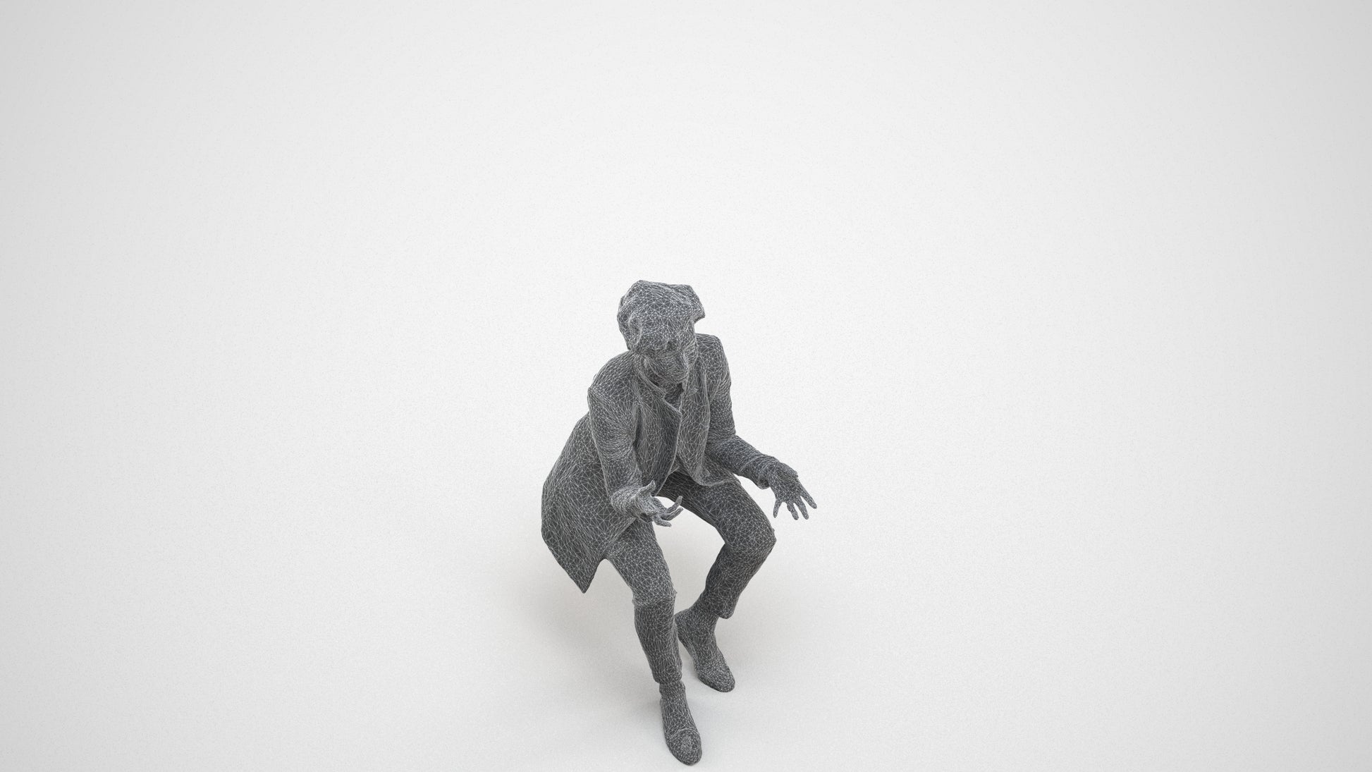 realistic 3D woman business sitting, scanned archviz people for Blender and 3ds Max, wireframe three-quarter view