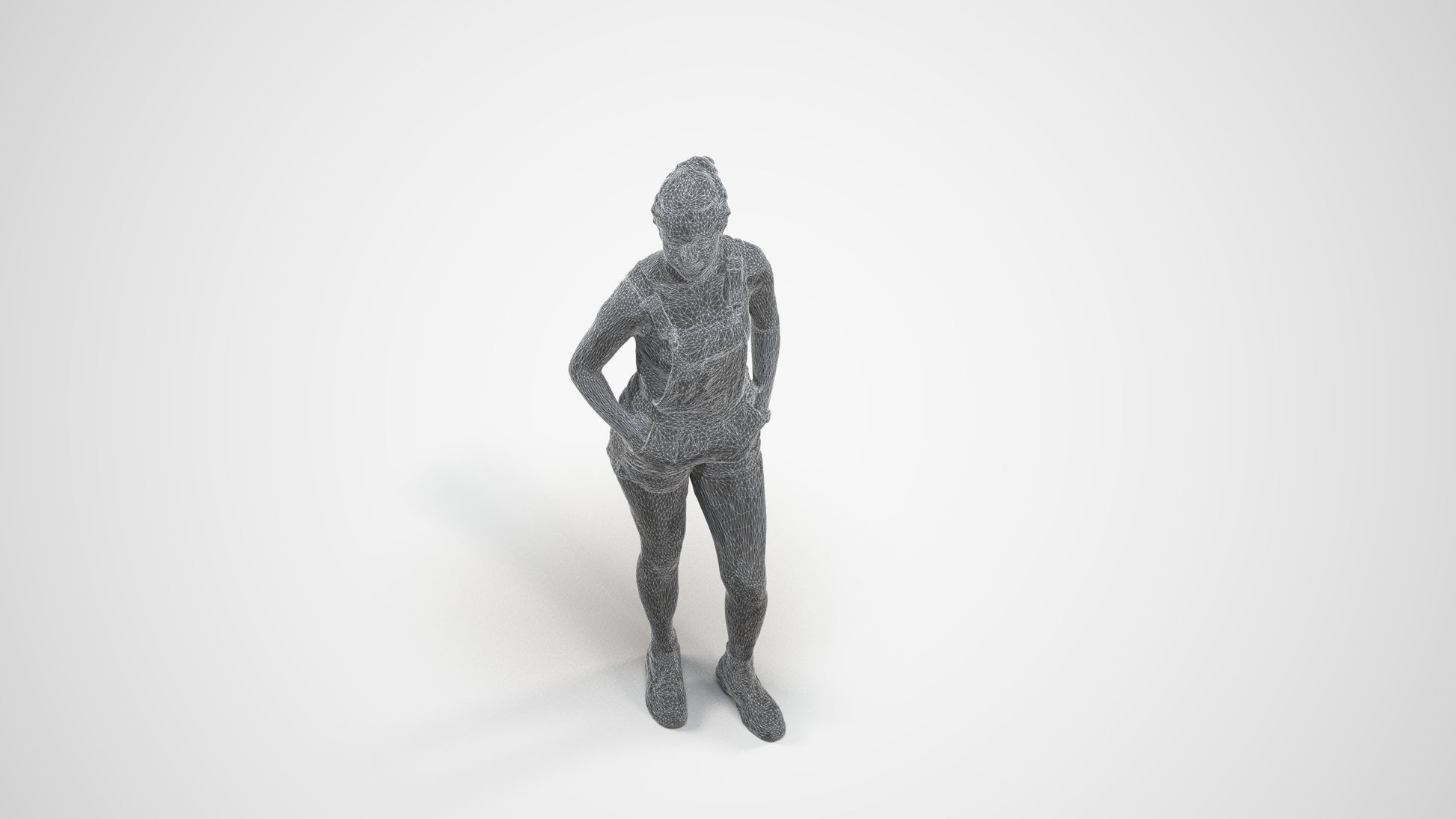 3D people model woman casual standing, scanned human for 3ds Max rendering, wireframe three-quarter view